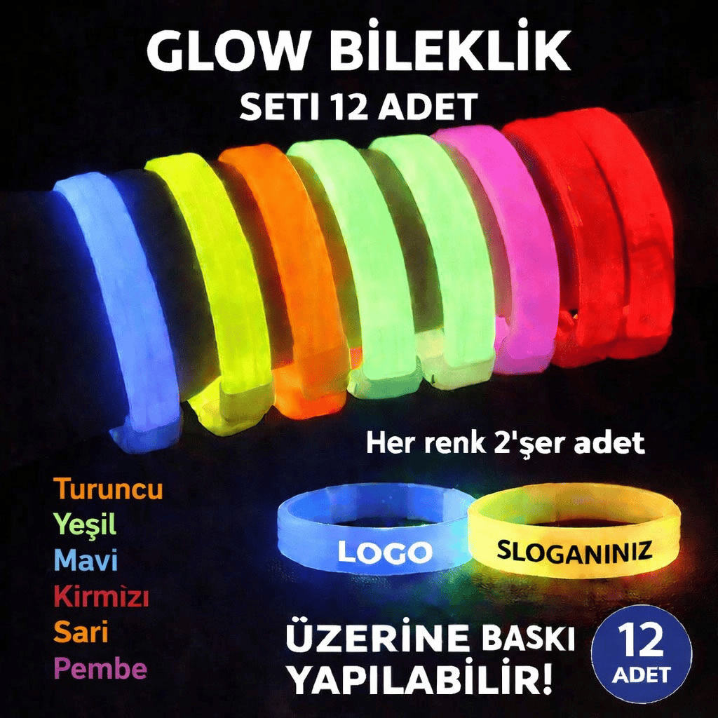 Glow Kalın Bileklik 12’li Set | Baskıya Uygun Renkli Model Bx40