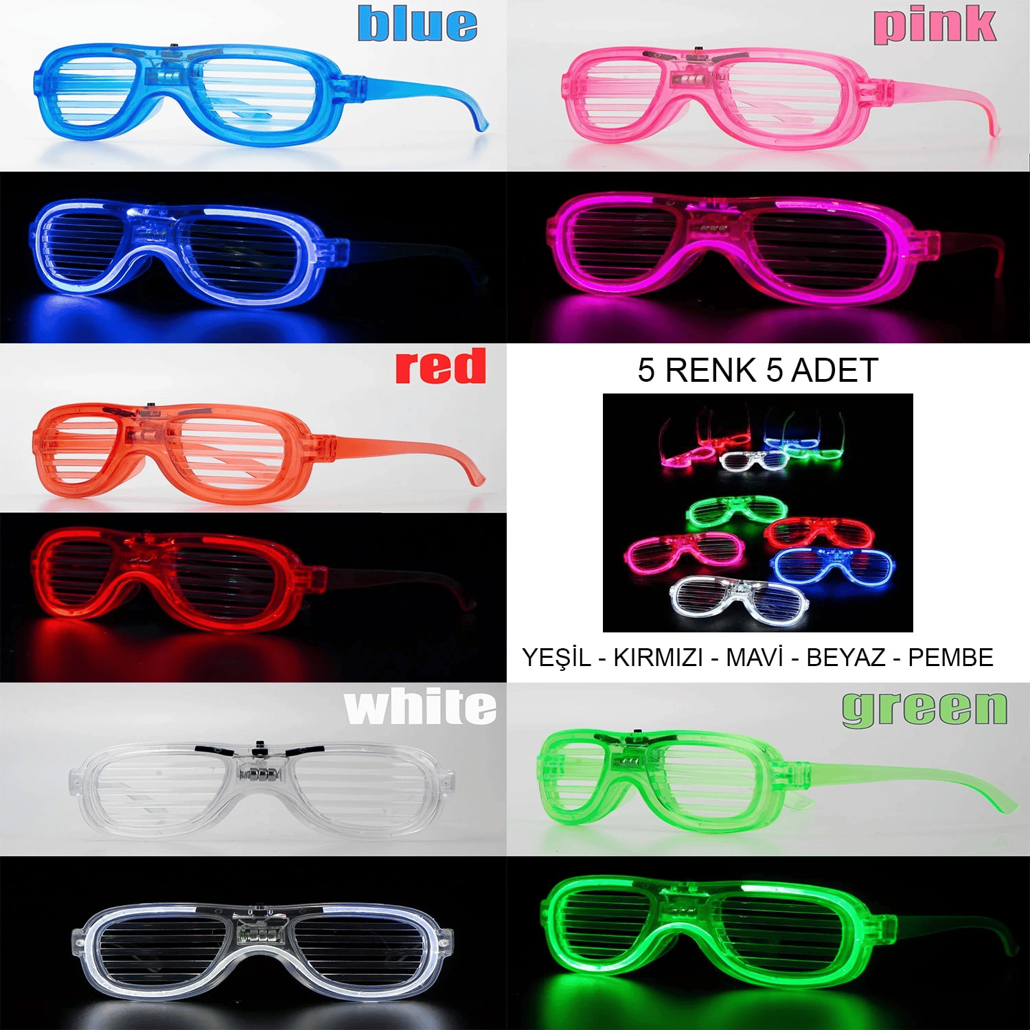 Glow Model Led Işıklı Parti Gözlüğü 3 Modlu 5 Renk 5 Adet Bx40