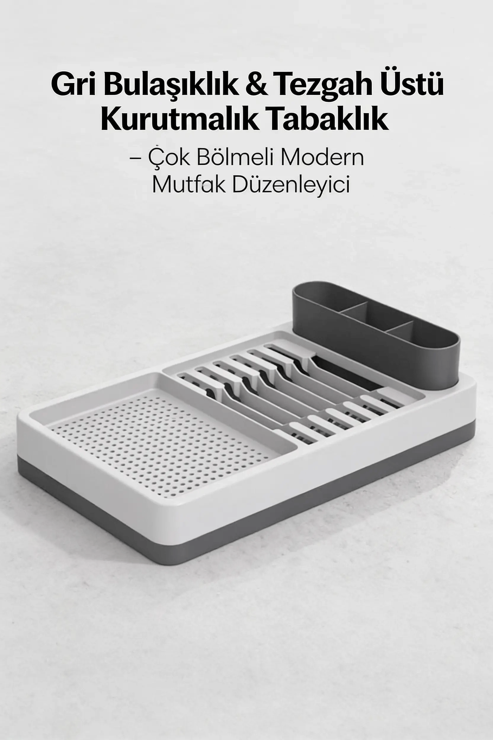 Gri Beyaz Mutfak Bulaşıklığı Tezgah Üstü Kurutmalık Tabaklık Organizer Standı