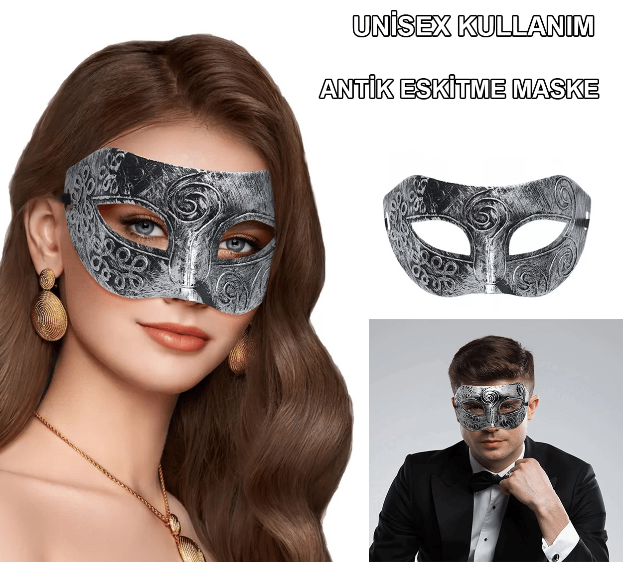 Gümüş Eskitme Yüz Maskesi - Antik Tarz Balo Maskesi Bx40