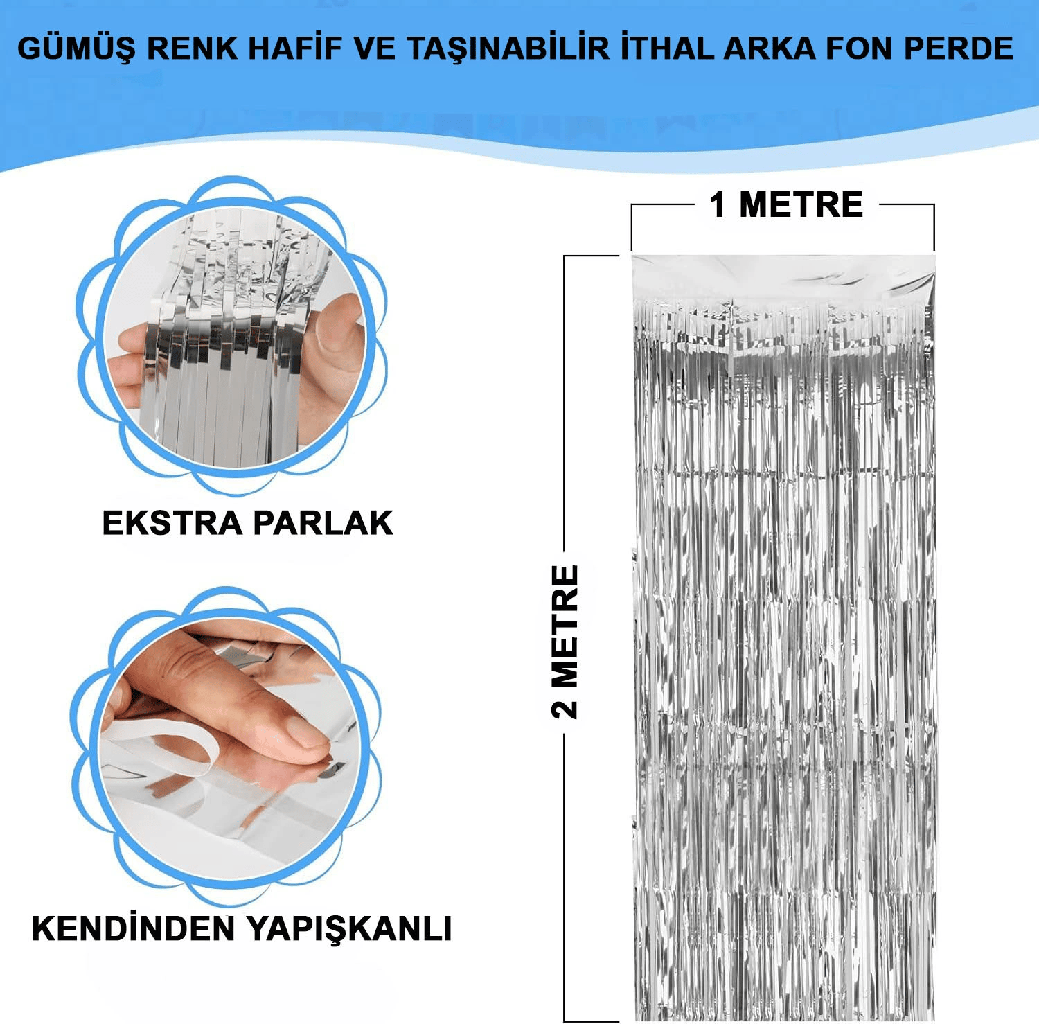 Gümüş Renk Ekstra Metalize Parlak Saçaklı Arka Fon Perde İthal A Kalite 1x2 Metre Bx40
