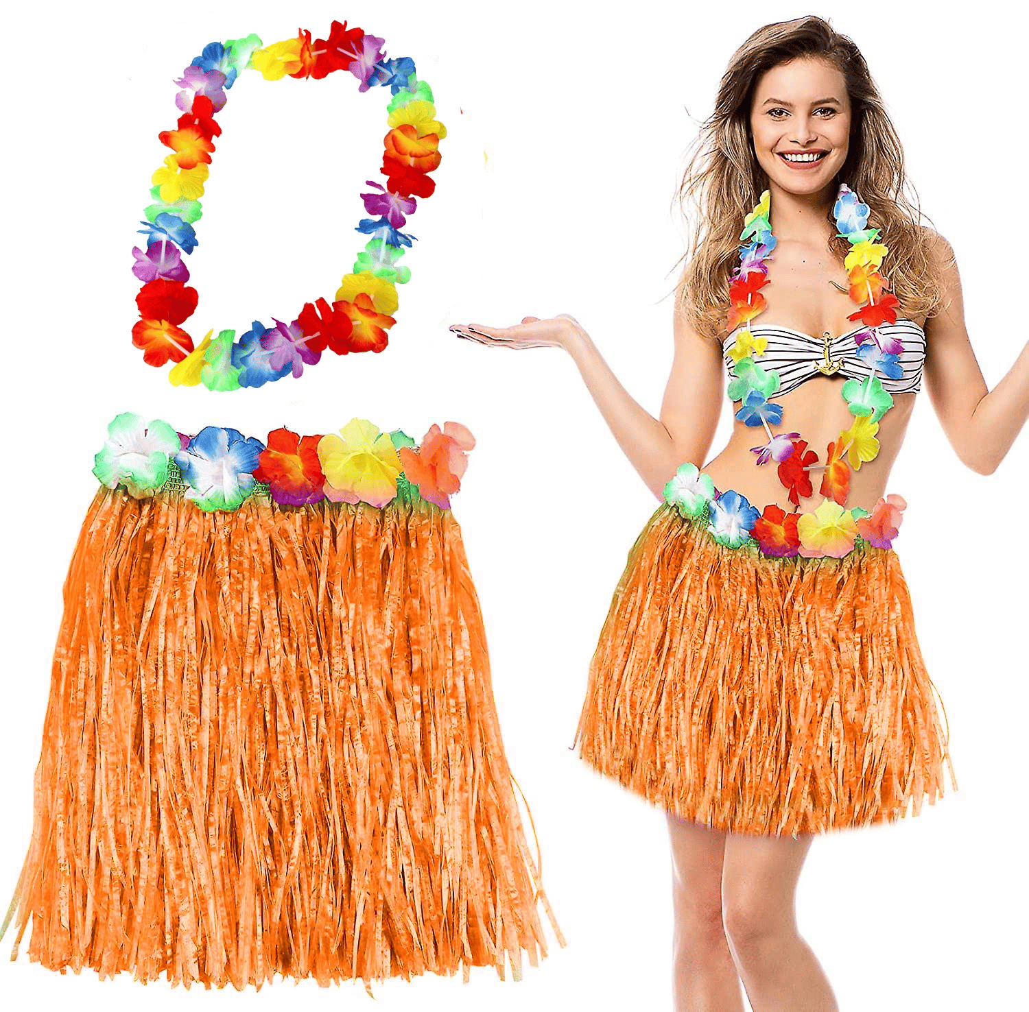Hawaii Luau Aloha Turuncu Püsküllü 40 Cm Etek Ve Hawaii Kolye Seti Bx40