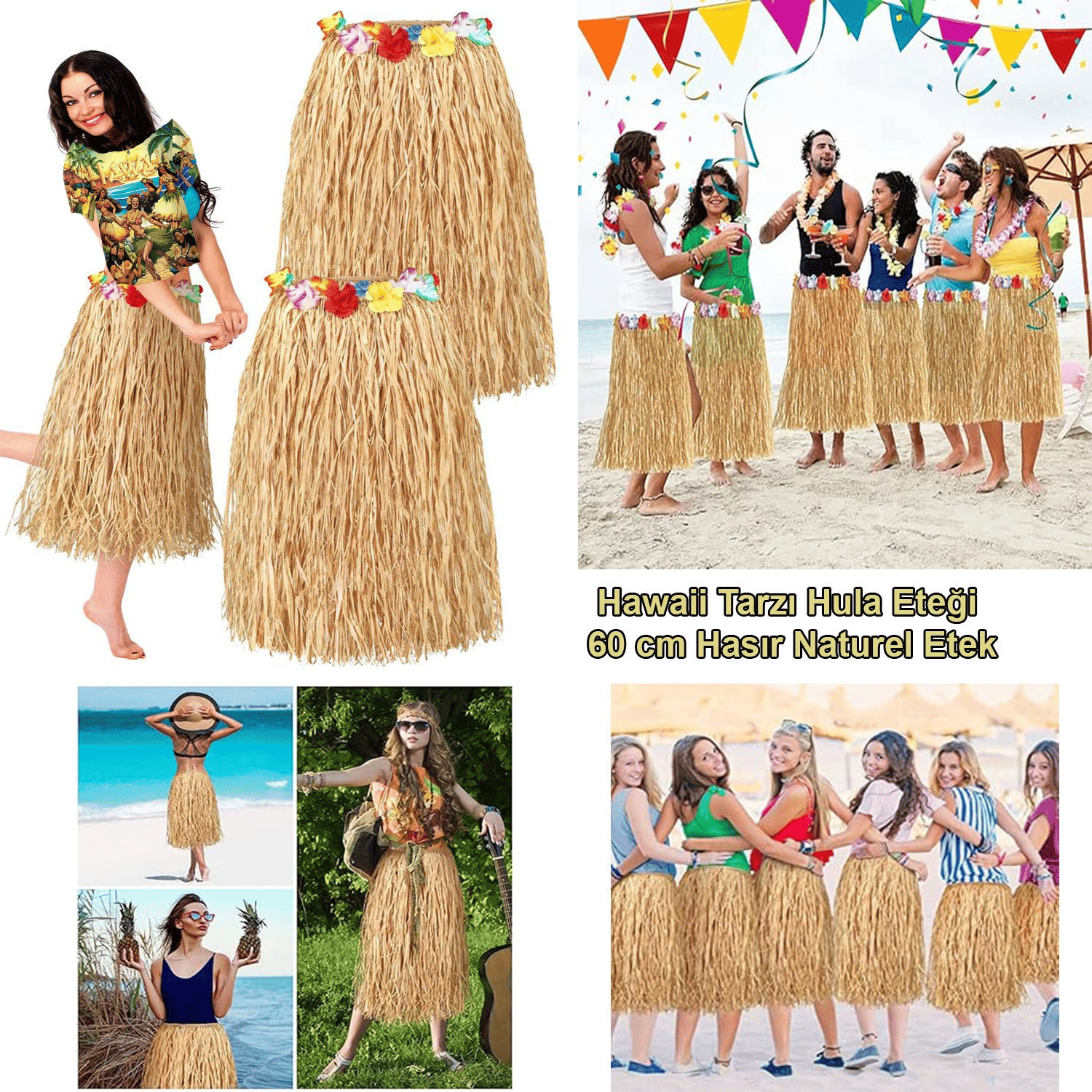 Hawaii Tarzı Hula Eteği – 60 Cm Hasır Naturel Etek Bx40