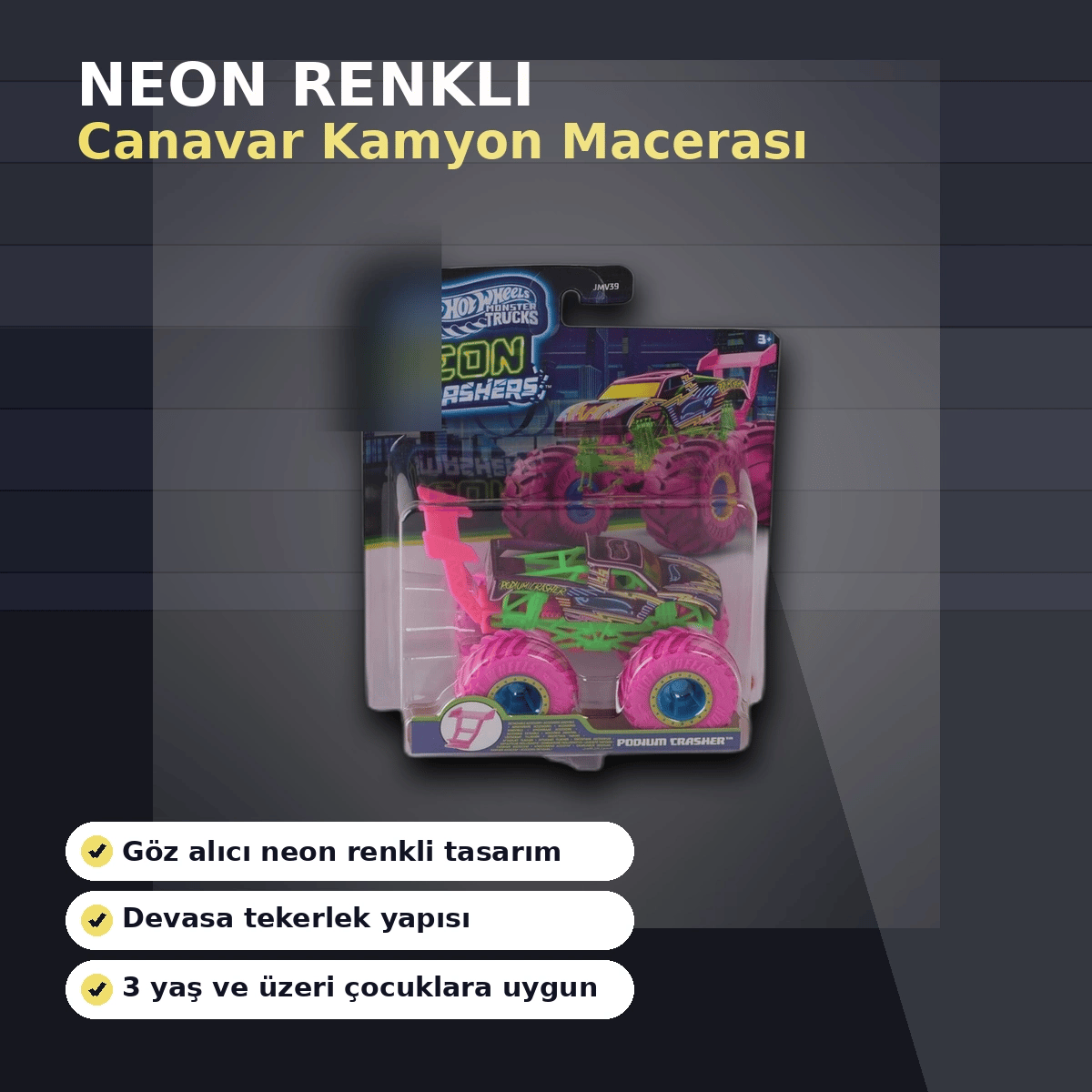 JMV39 Neon Renkli 1:64 Ölçek Canavar Kamyon Monster Trucks Smashers Araç