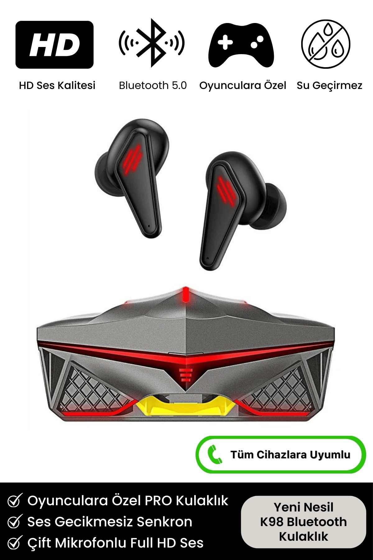 K98 Pro Oyuncu HD Ses Mikrofonlu Işıklı Metal Kasa iOS Android Uyumlu Bluetooth Kablosuz Kulaklık