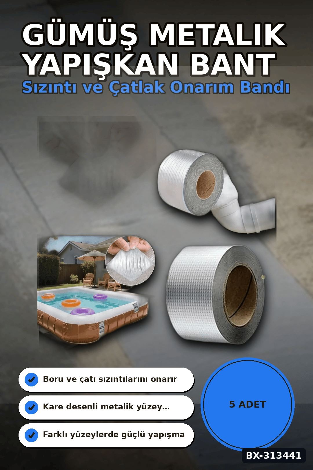 Kare Desenli Gümüş Metalik 10cmx5m Yapışkan Bant 5li Paket Çatı Duvar Boru Onarım BX-313441