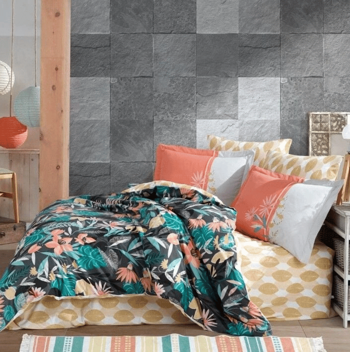 Kingsize Poplin Nevresim Monstera Oranj