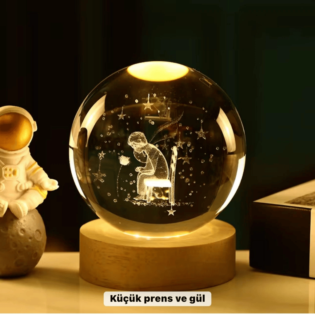 Küçük Prens Temalı Büyük Boy Işıklı Cam Küre Ahşap Stand