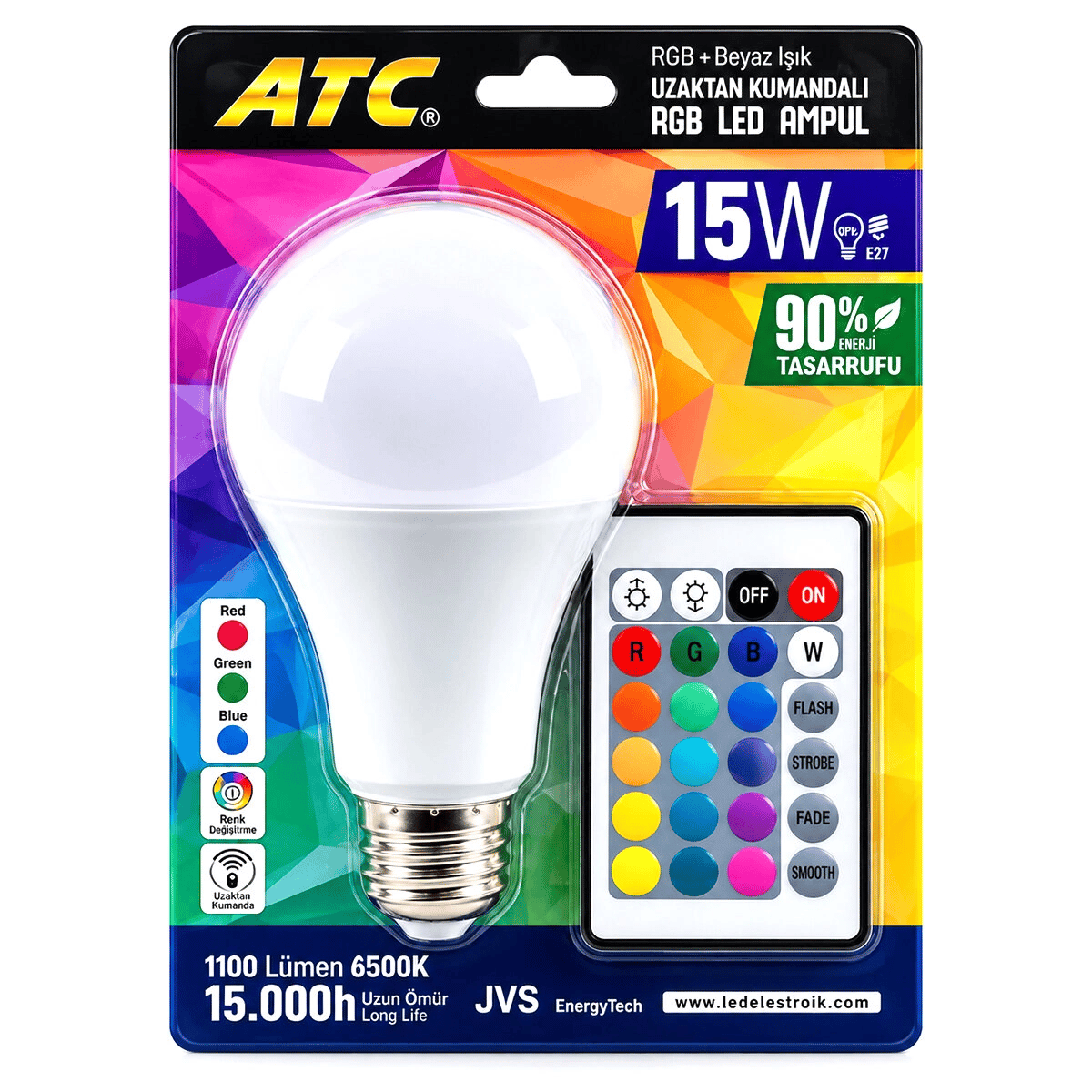 Kumandalı - Rgb 15w=90w - E27 Led Ampul 1100lm 15000 Saat Ömür Bx40