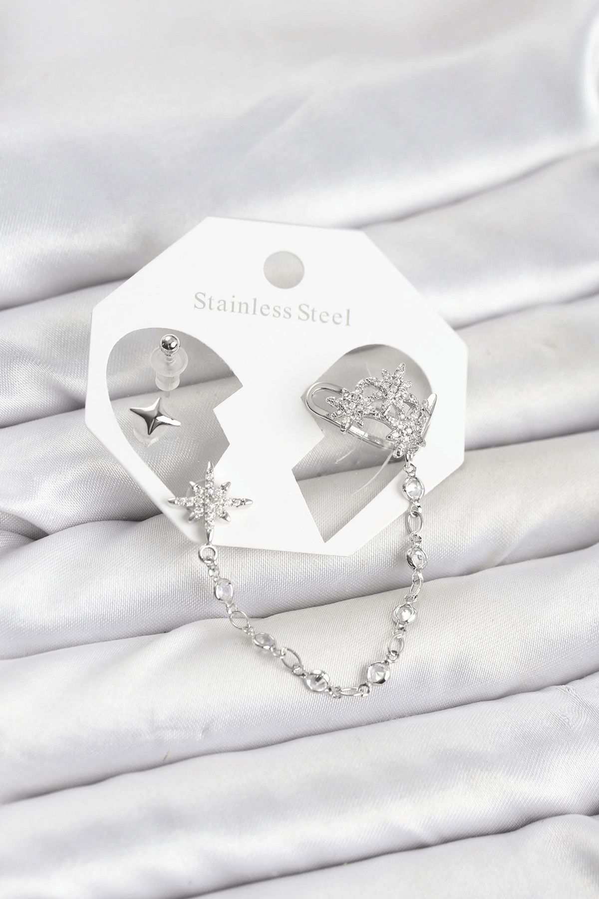 Kutup Yıldızı Model Pirinç Gümüş Renk Zincir Bağlantılı Ear Cuff Küpe Seti
