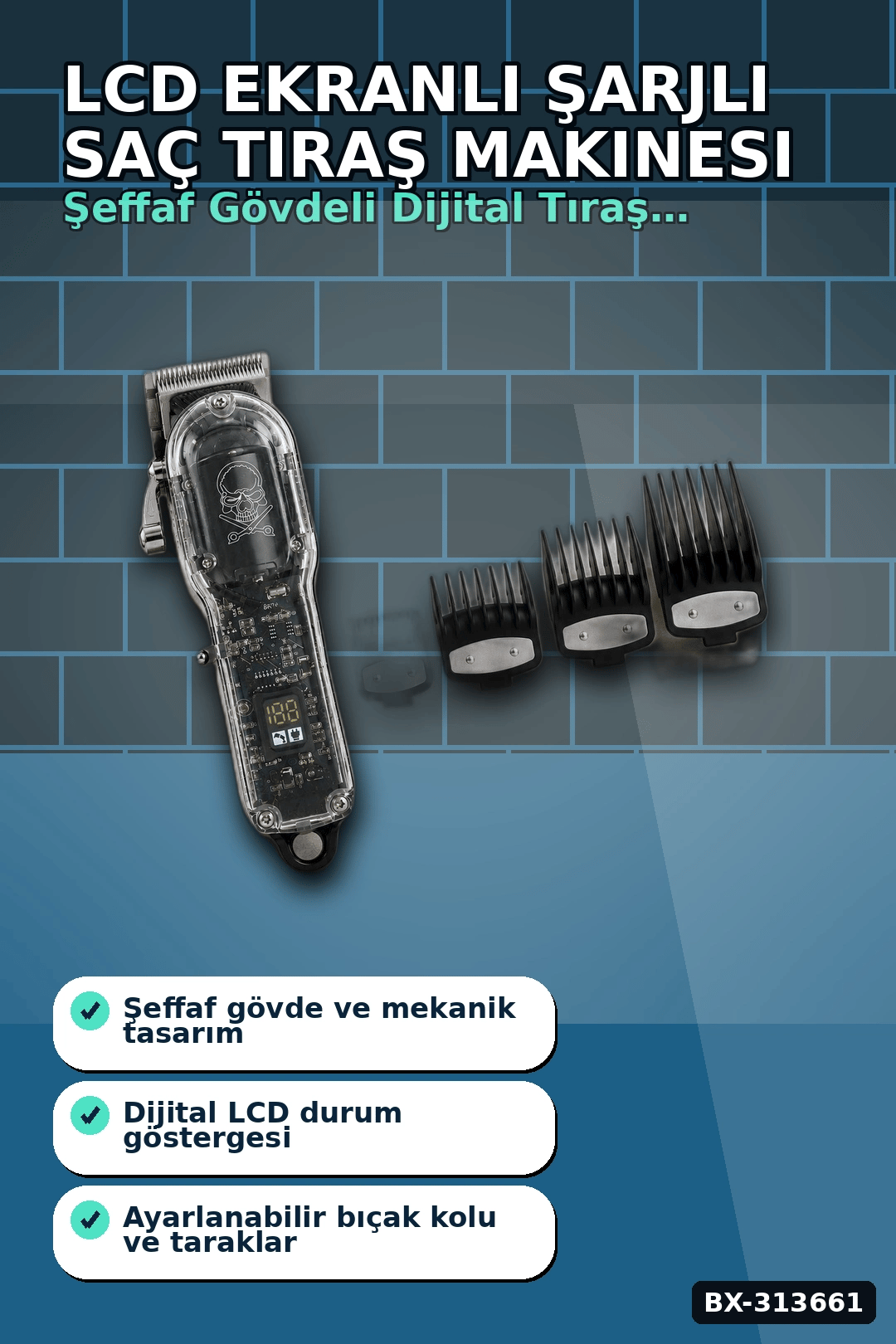 LCD Ekranlı Şarjlı Saç Tıraş Makinesi 1800 mAh 4 Taraklı USB Şarj Güçlü Motor Kesme Aleti BX-313661