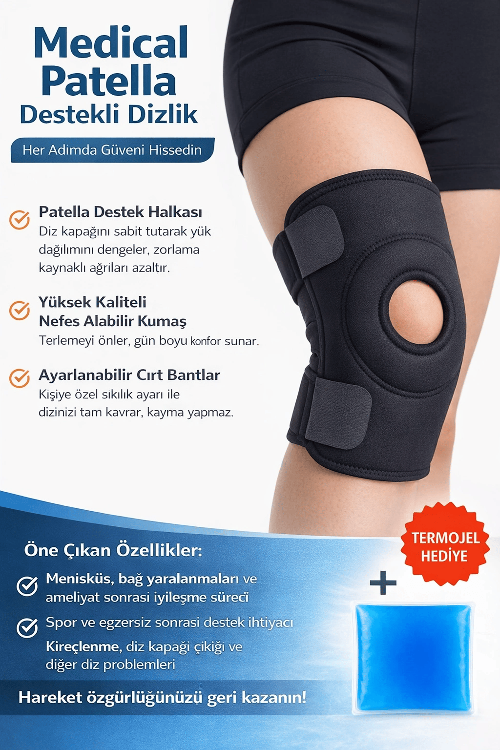 Medical Patella Destekli Ayarlanabilir Dizlik – Menisküs ve Spor İçin Diz Koruyucu