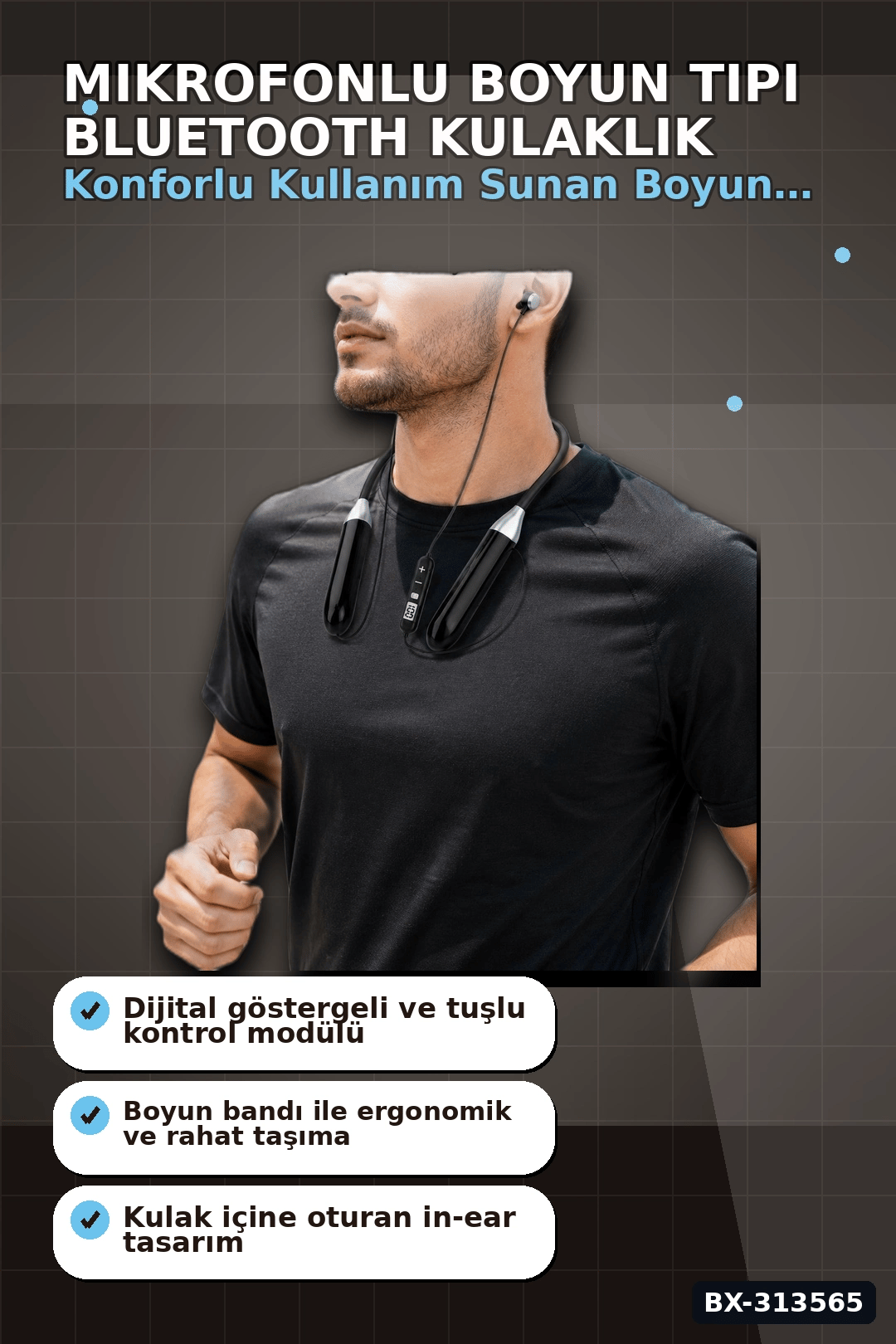 Mikrofonlu 10 Saat Kullanımlı Boyun Tipi Bluetooth Kulaklık Ofis Seyahat BX-313565