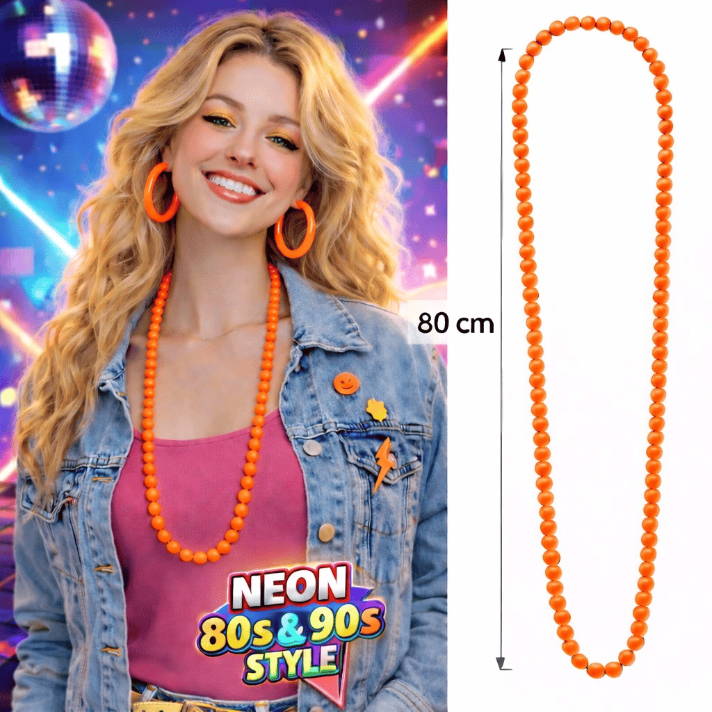 Neon Turuncu Boncuk Kolye 80 Cm – Retro 80’ler 90’lar Parti Aksesuarı Bx40