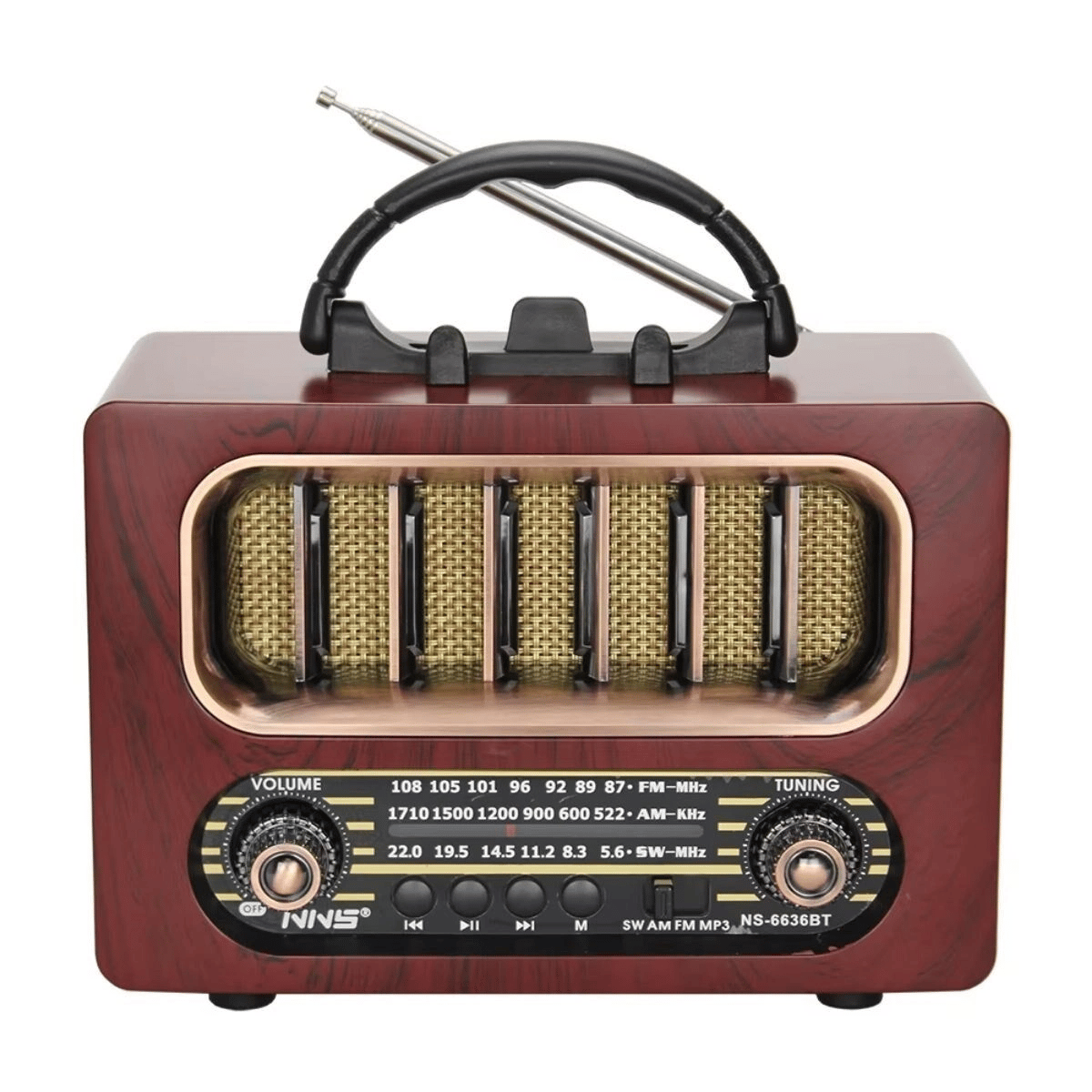 Orta Boy Retro Ahşap Tasarım Bluetooth Hoparlörlü Radyo – FM/AM Destekli, Şarjlı ve Taşınabiliri Radyo NS-6636