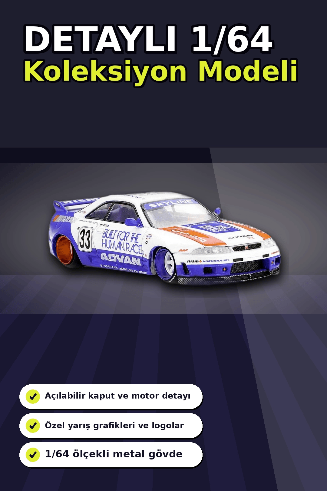 Özel Boya Kaplamalı 1/64 Ölçek Nissan Skyline GT-R R33 Diecast Model Araba BX-313372