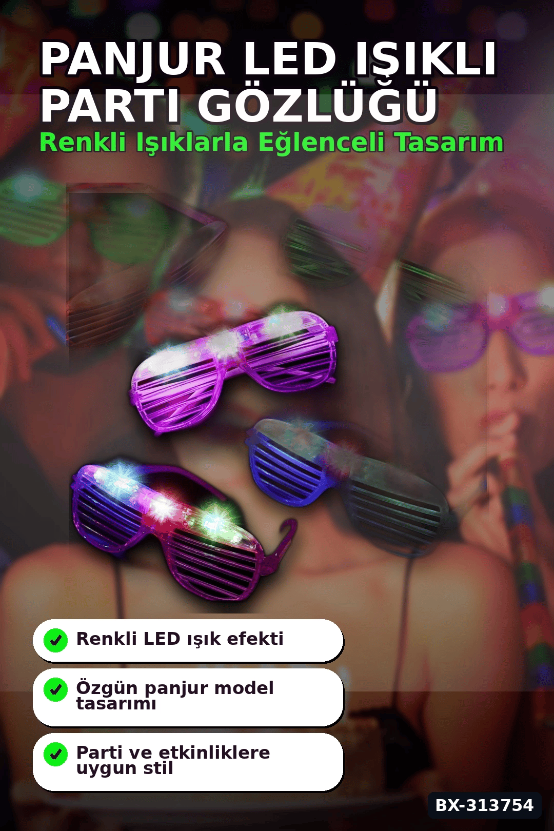 Panjur Led Işıklı Parti Gözlüğü 12'li Paket, Yanıp Sönen Renkli Pilli Plastik Aksesuar BX-313754
