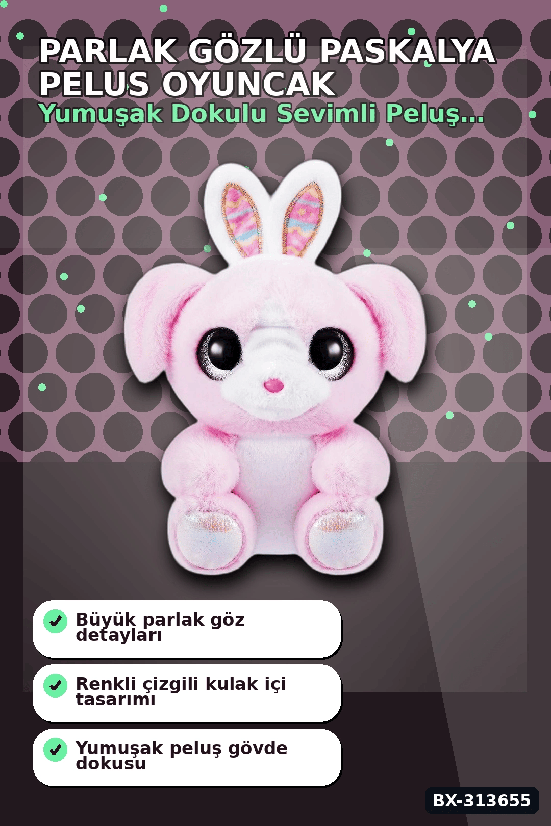 Parlak Gozlu Paskalya Pelus Oyuncak - 1 Adet Kucuk Kulahli Tavsan Hediyelik BX-313655