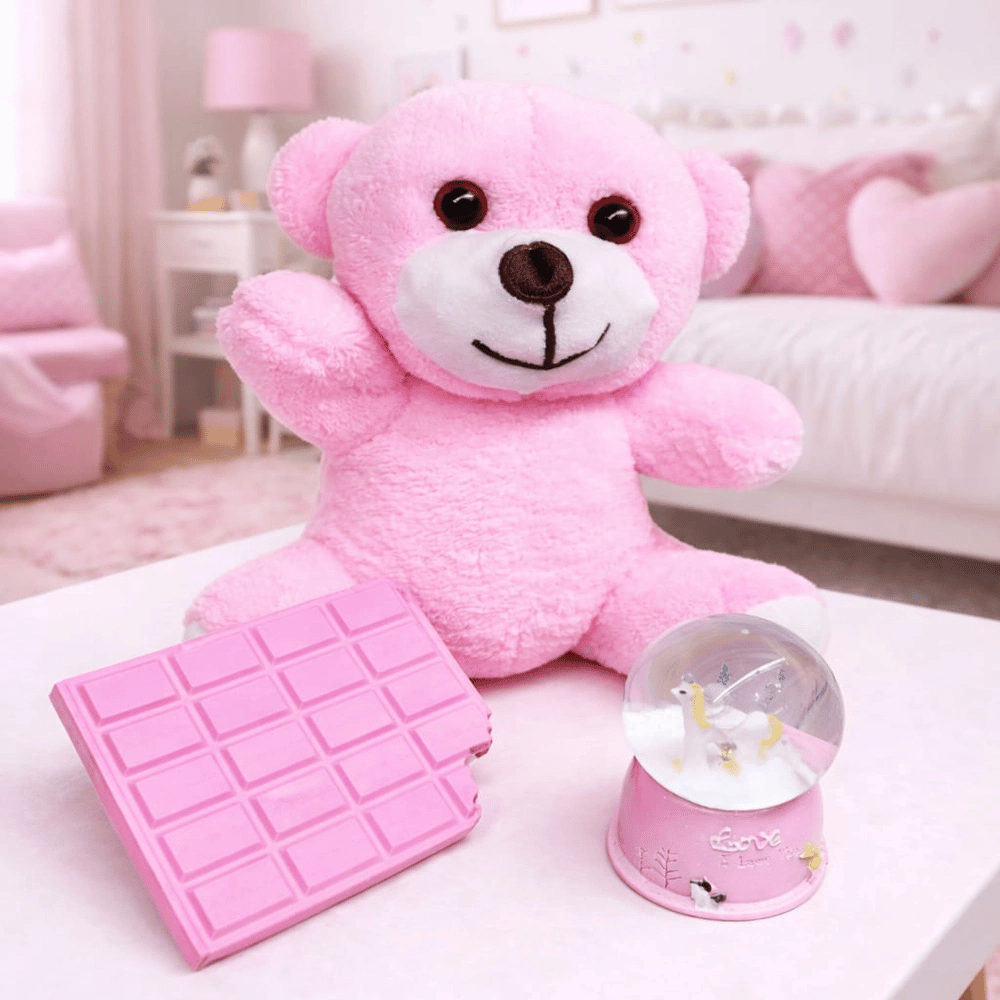 Pembe Peluş Ayıcık, Kar Küresi Ve Pembe Çikolata Not Defteri Hediye Seti
