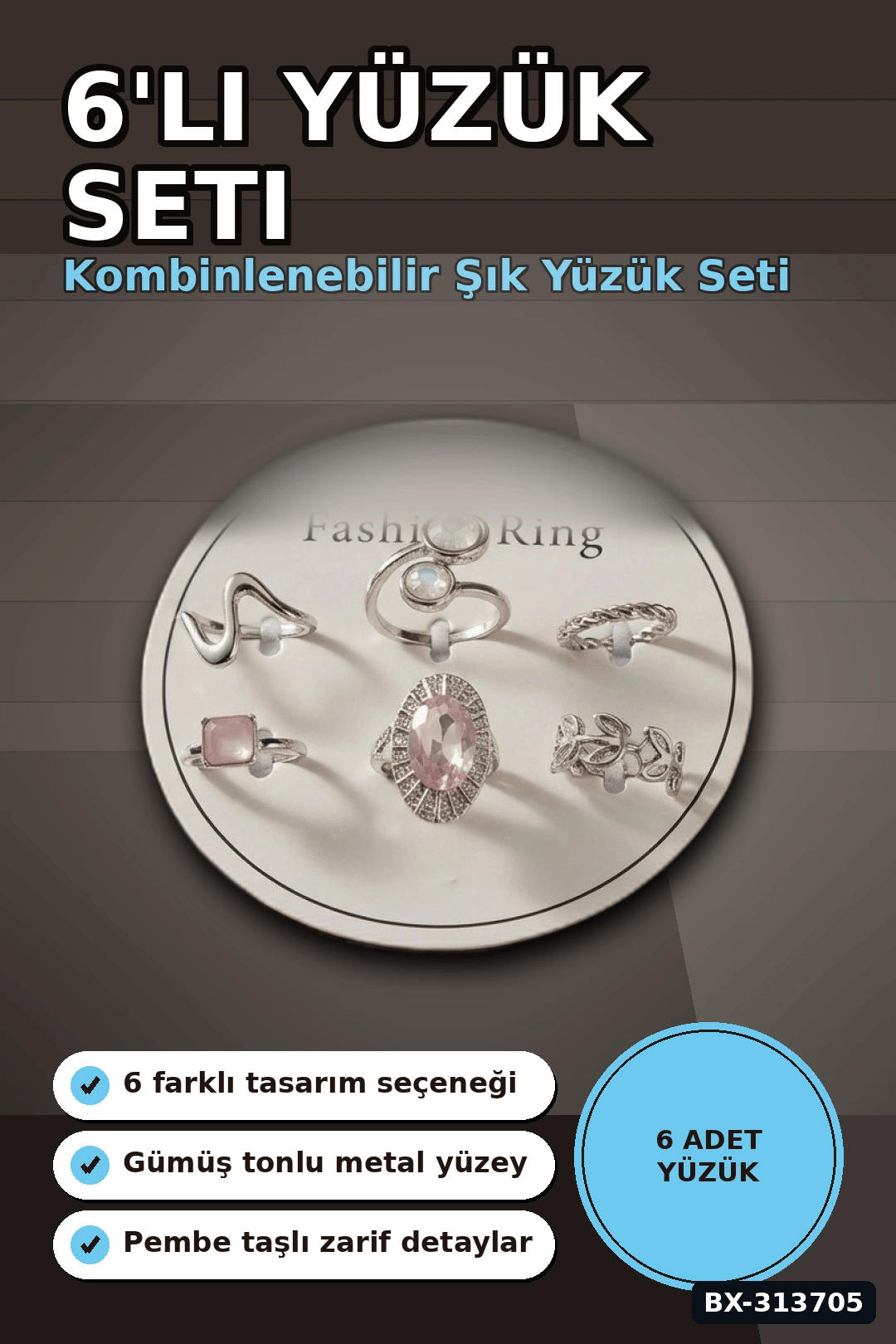 Pirinç 6'li Yuzuk Seti 7-8 Numara Gumus Renk Bijuteri Bileklik Hediyelik Paket BX-313705