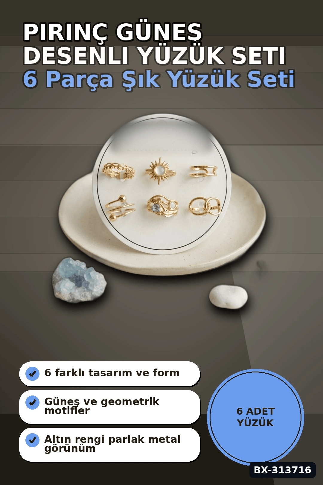 Pirinç Güneş Desenli 6 Adet Yüzük Seti - 7-8 Numara Bayan Takı Hediyelik BX-313716