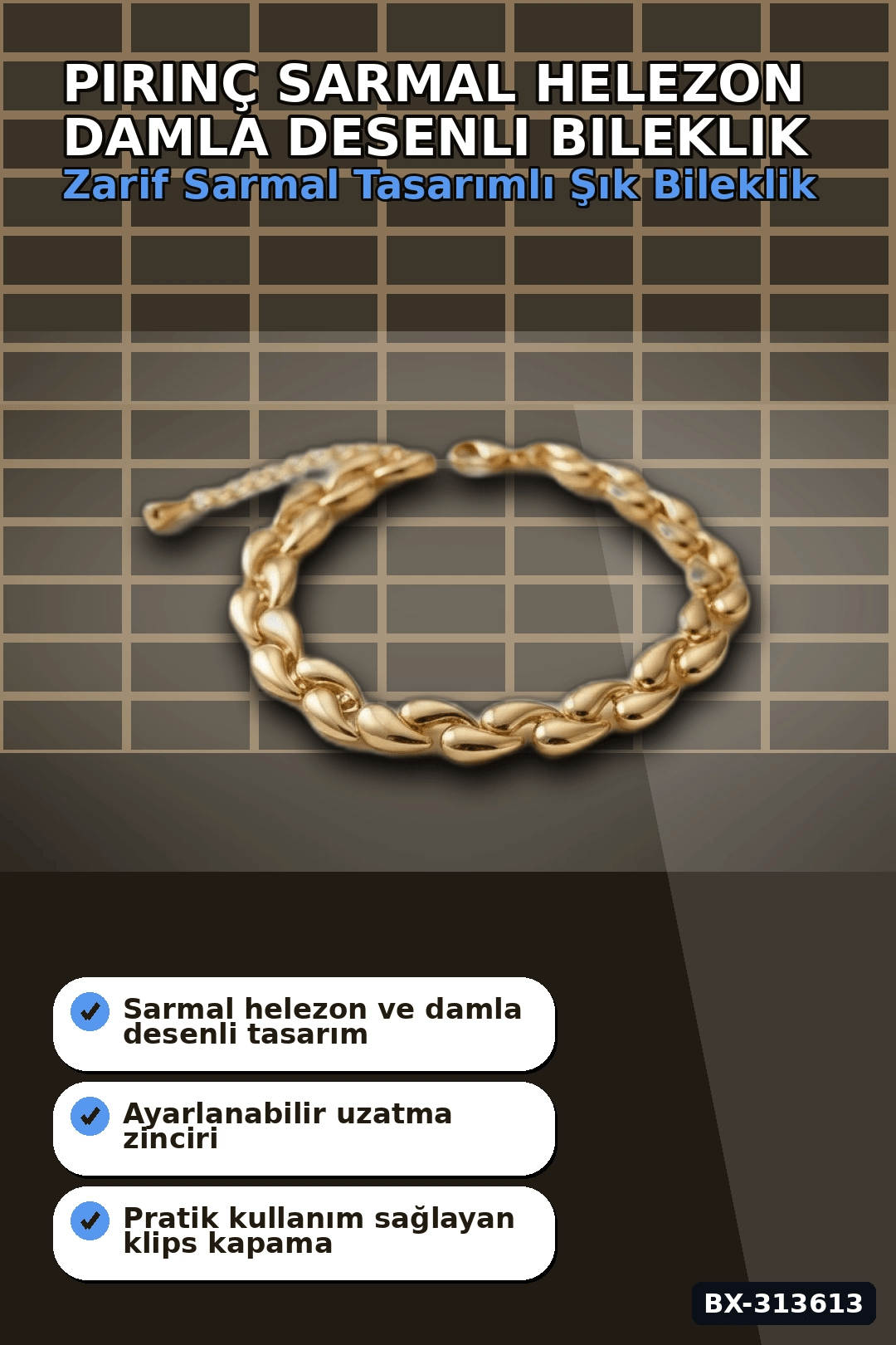 Pirinç Sarmal Helezon Damla Desenli 18 cm Kadın Bileklik - Tekli Paket BX-313613