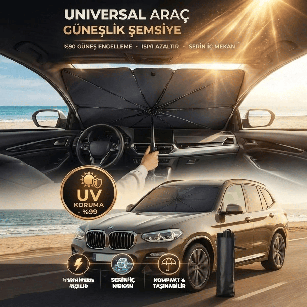 Premium Katlanabilir Araç Ön Cam Güneşliği – Şemsiye Tipi Oto Güneşlik, Uv Korumalı Isı Yalıtımlı Ön Cam Gölgelik Bx40