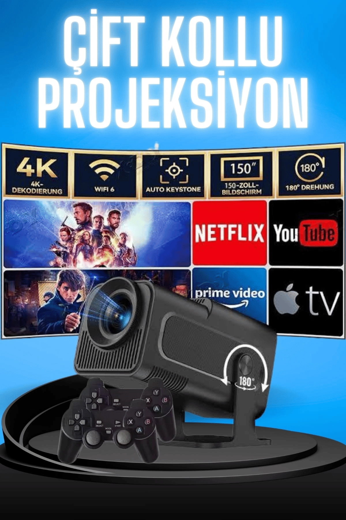 Projektör Siyah Android Taşınabilir Sinema Projeksiyon Wifi Destekli En Güncel Sürüm Akıllı