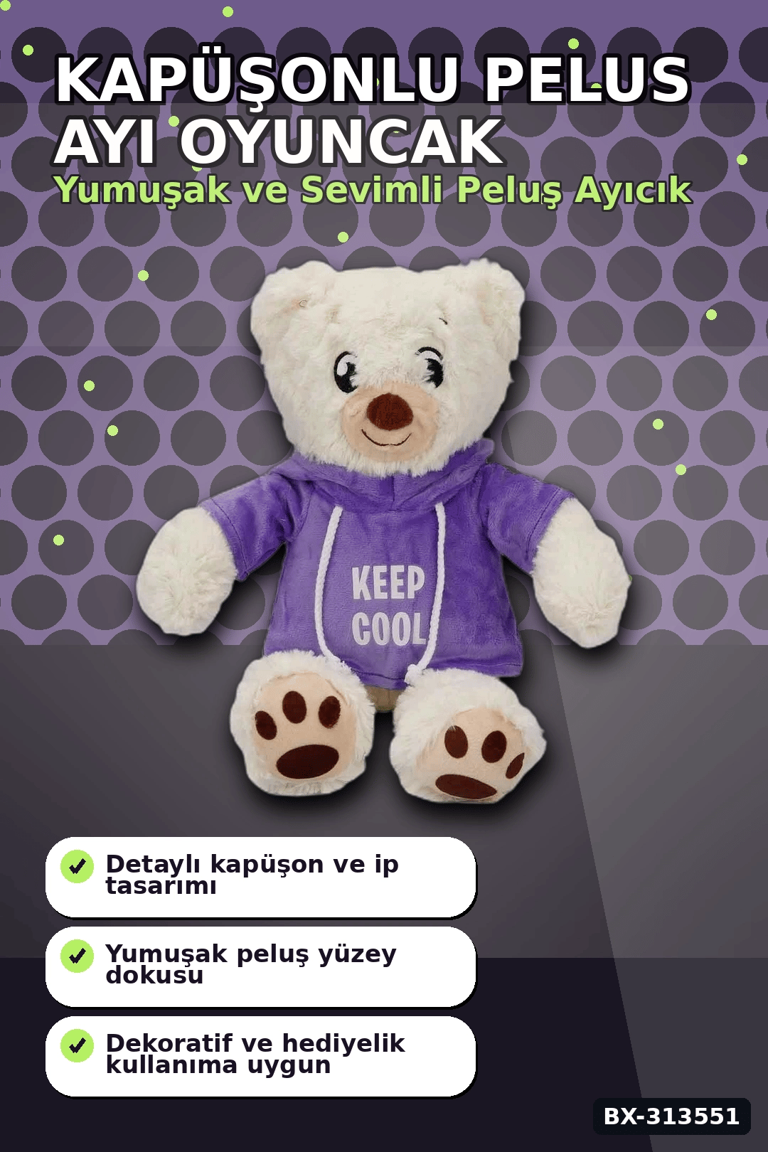 Renkli Kapüşonlu Sweatshirt Giyen 30 cm Peluş Ayı Oyuncak Hediyelik BX-313551