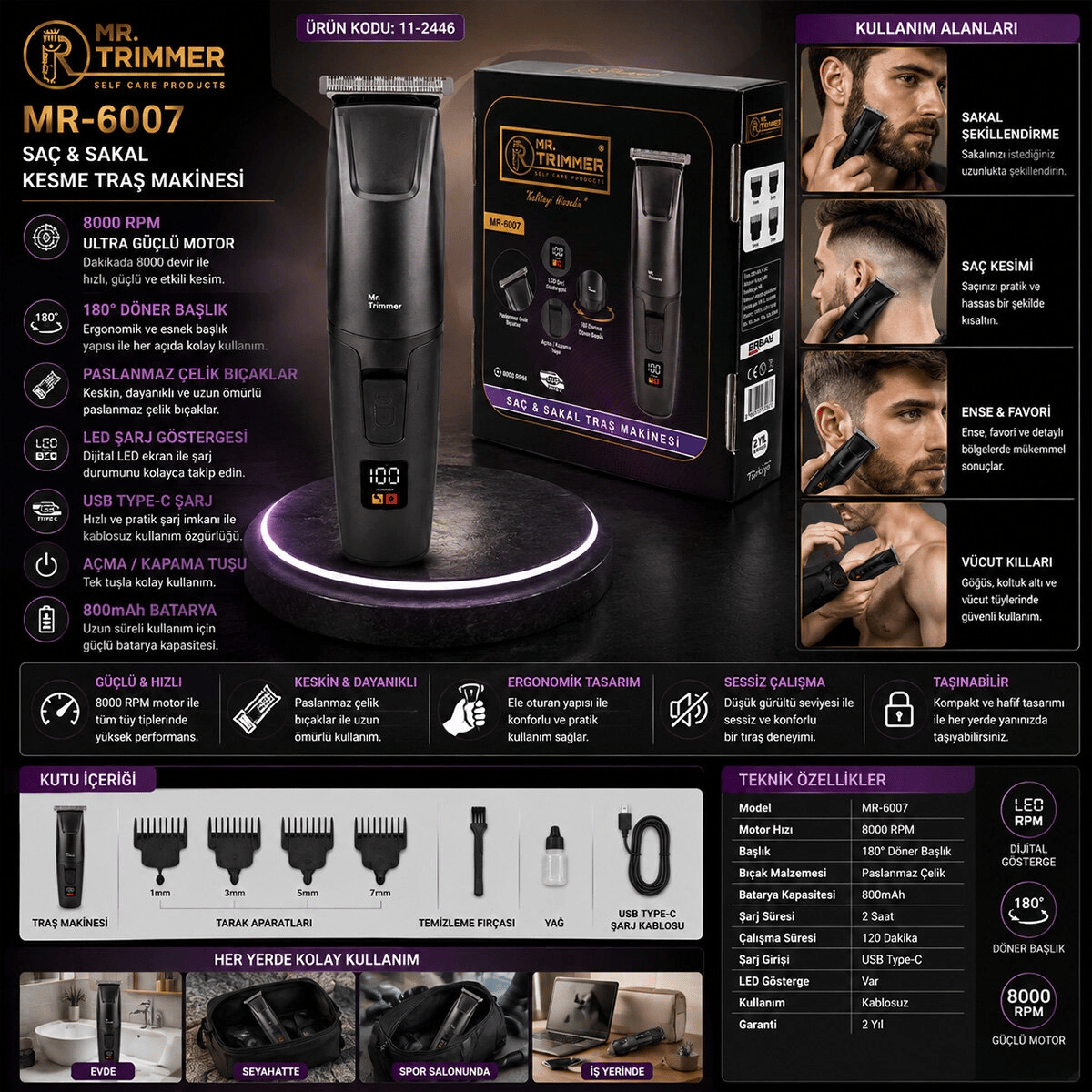 Saç Sakal Kesme Traş Makinesi Şarjlı Dijital Göstergeli 180° Döner Başlık 3-6-9-12mm Tarak Mr-6007 Bx40