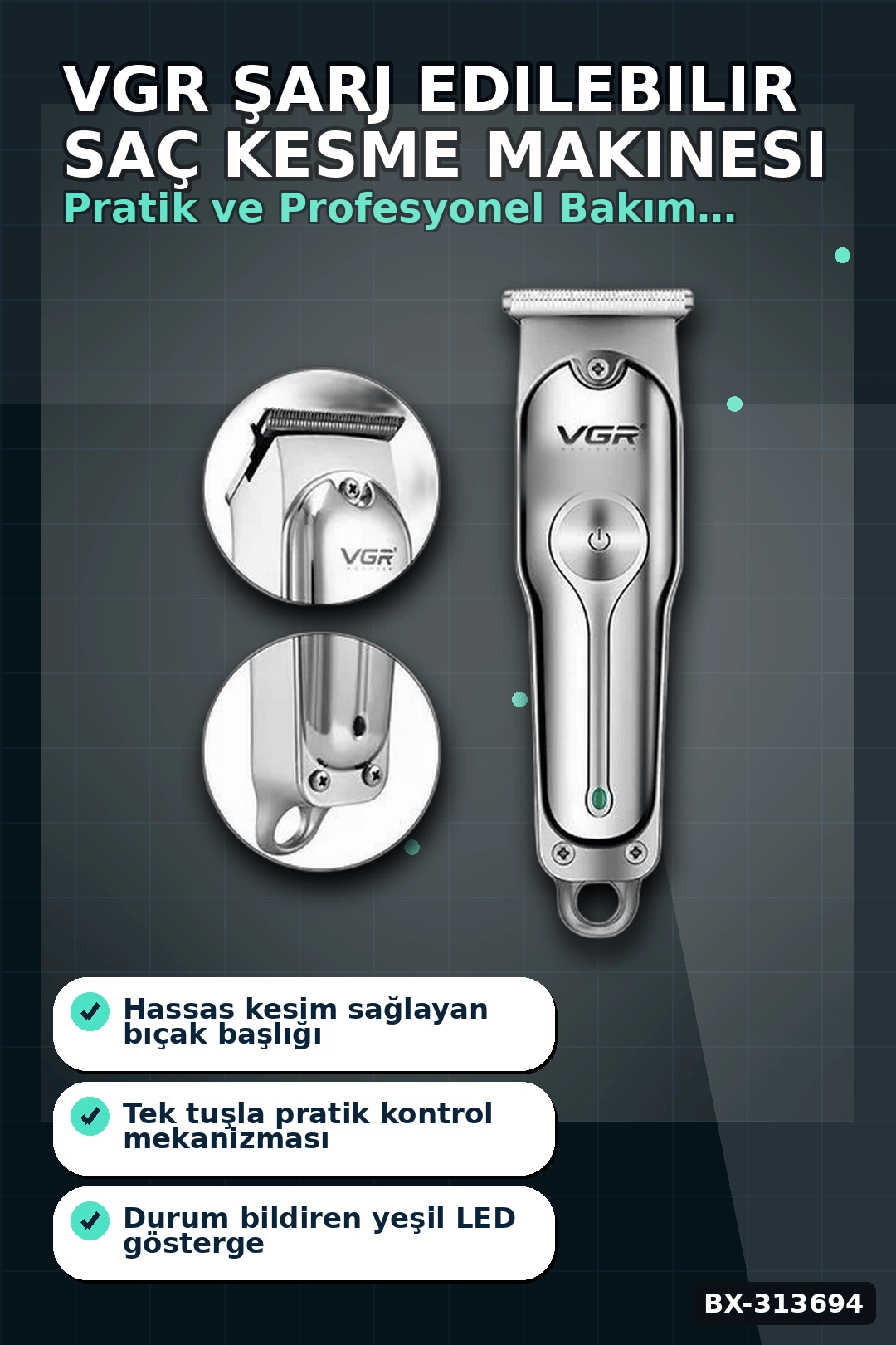 Şarj Edilebilir 0 Bıçak Kafalı Profesyonel Saç Kesme Ve Tıraş Makinesi BX-313694