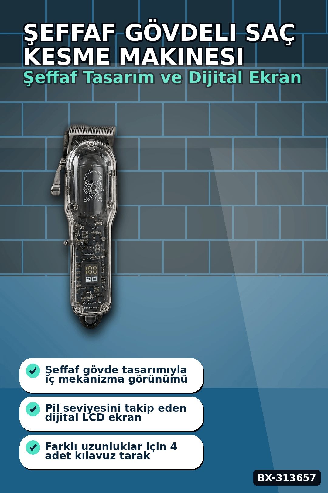 Şeffaf Gövdeli Saç Kesme Makinesi 4 Taraklı Ayarlanabilir Bıçak LCD Ekranlı Şarjlı BX-313657