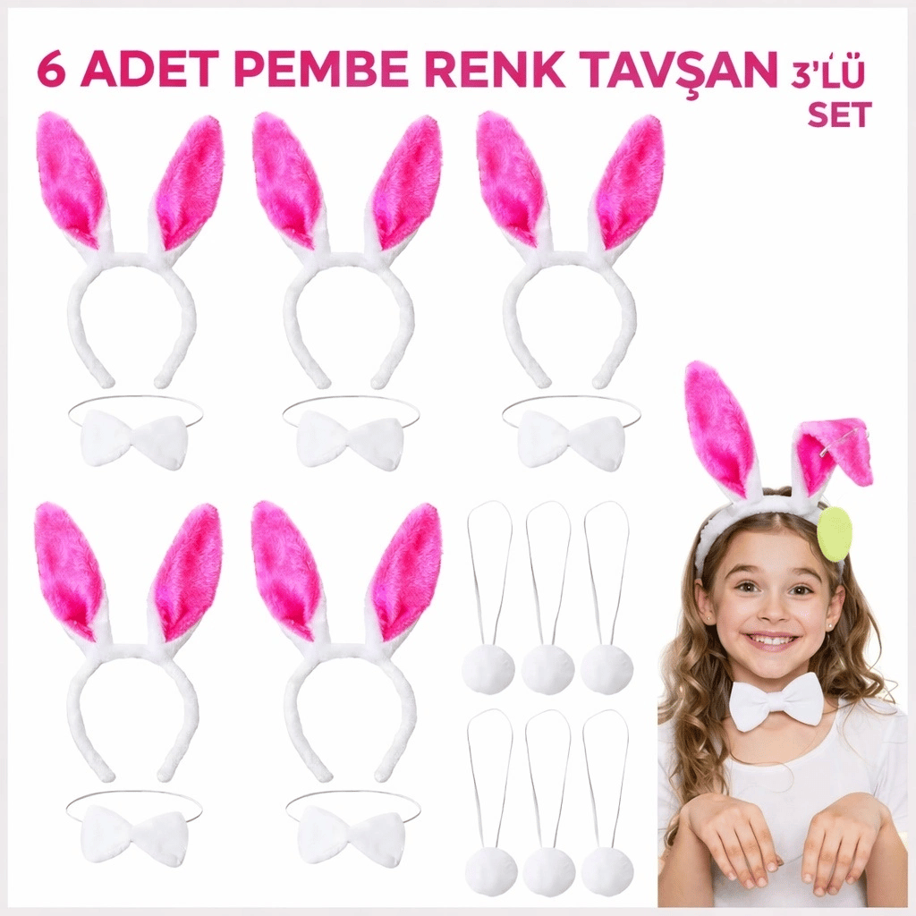 Şeker Pembesi Tavşan Sahne Seti 6'lı Set Taç Papyon Kuyruk Bx40