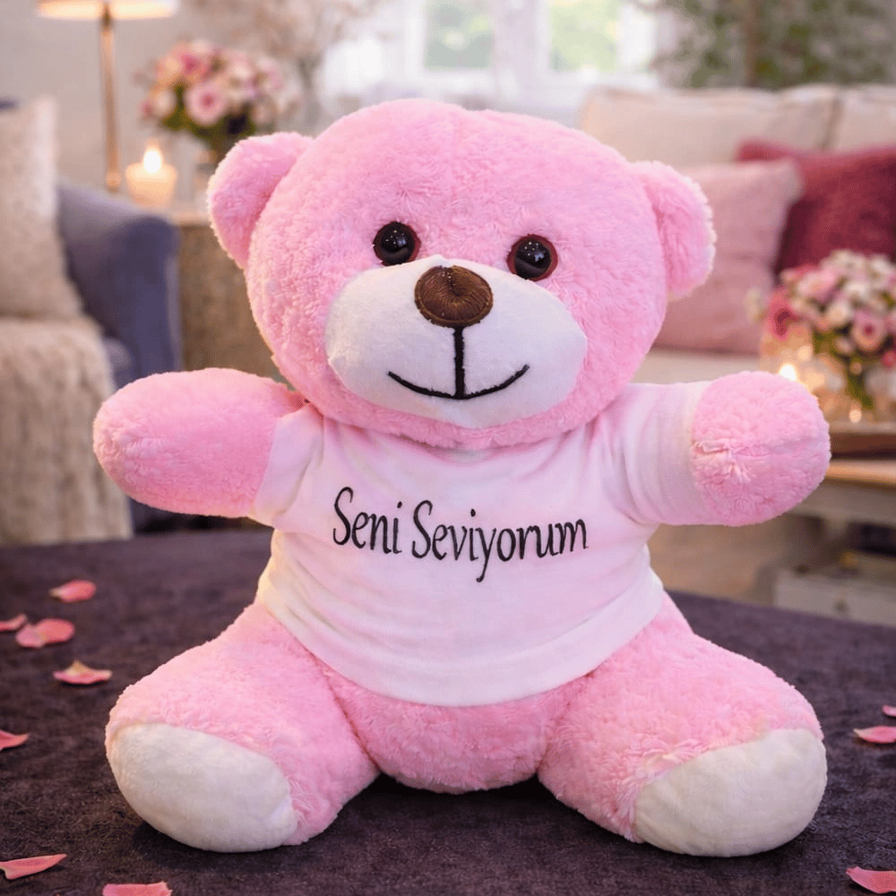 Seni Seviyorum Tişörtlü Pembe Peluş Ayıcık