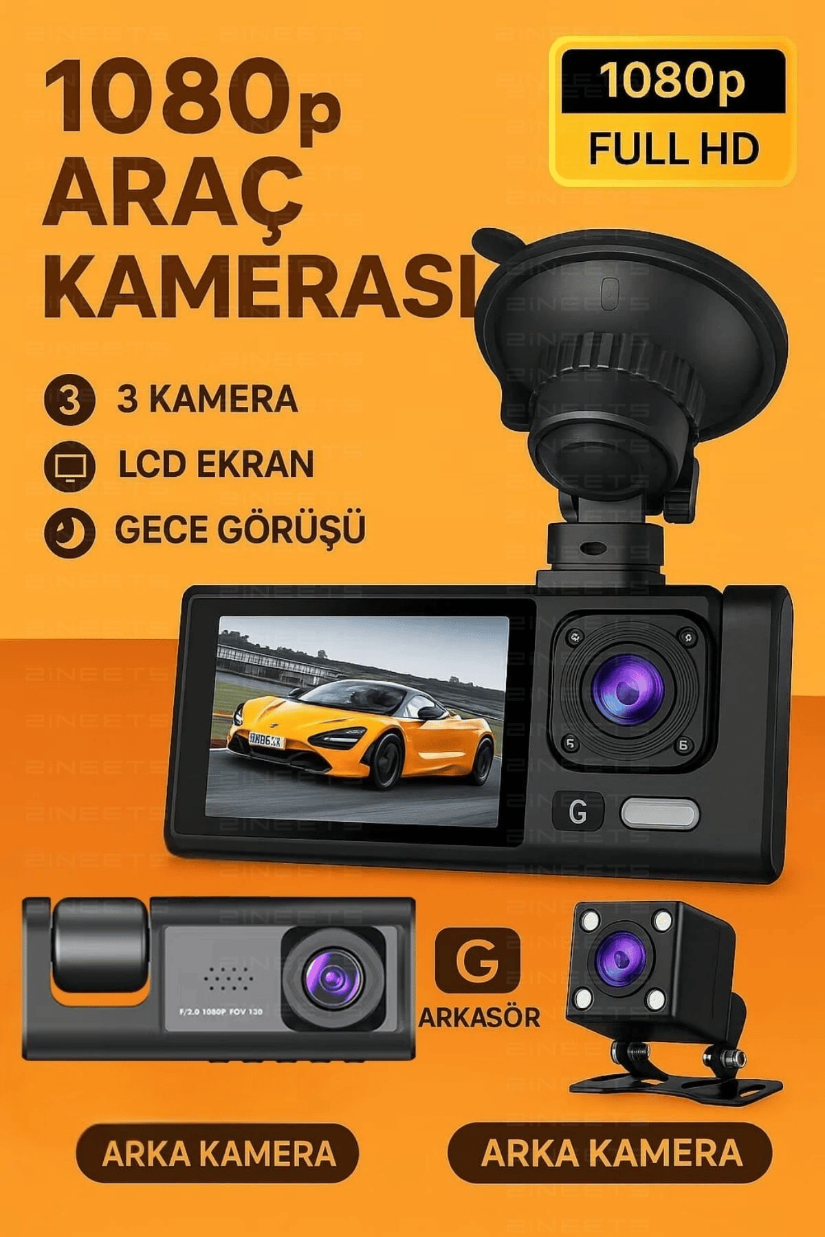 Siyah 1080p Araç içi 3 Kameralı Lcd Ekranlı Gece Görüşlü , G-sensör , Geri Görüş Kamera