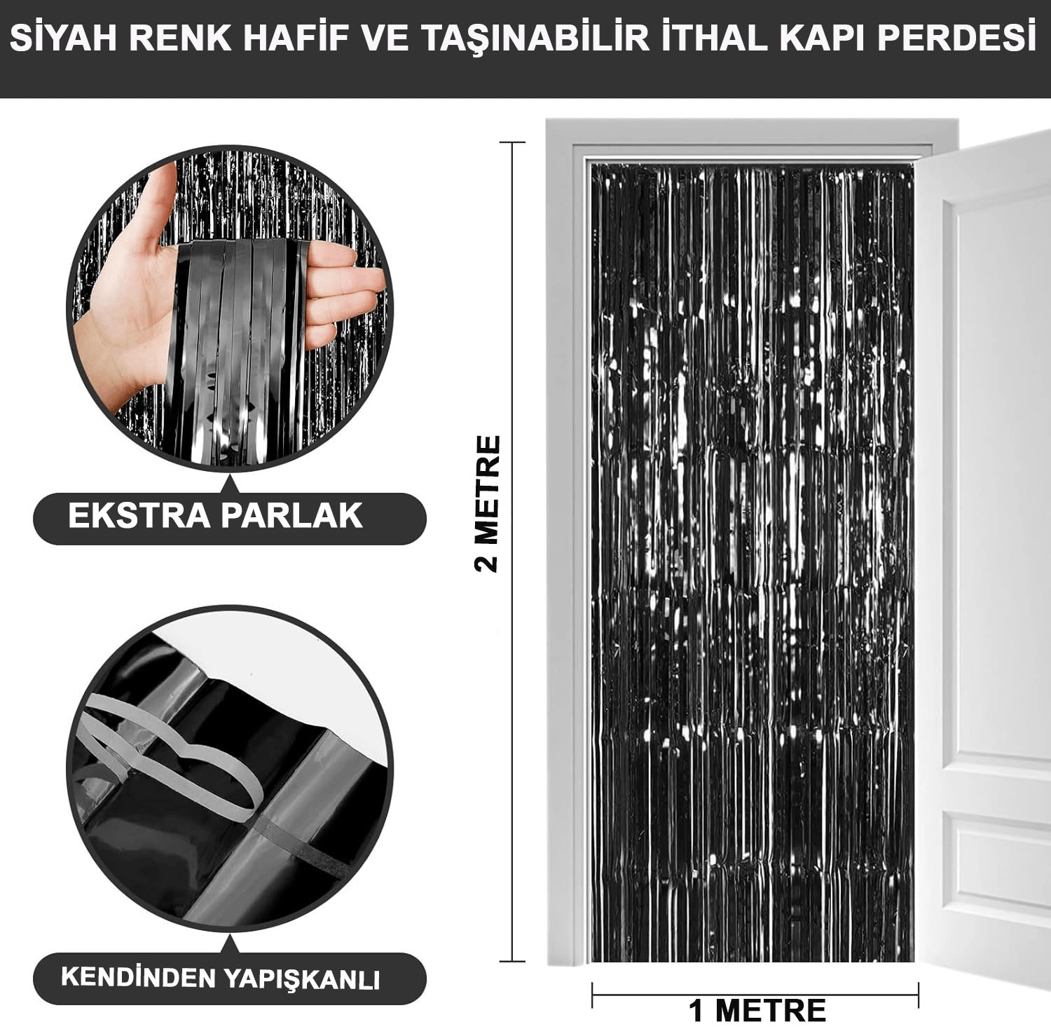Siyah Renk Ekstra Metalize Parlak Saçaklı Arka Fon Perde İthal A Kalite 1x2 Metre Bx40