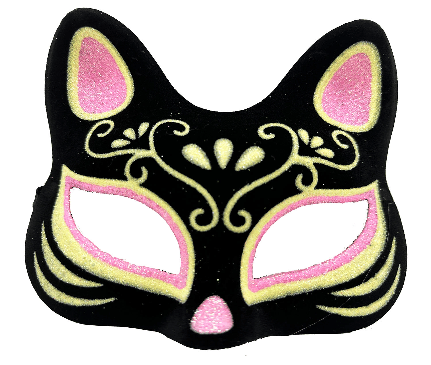 Siyah Renk Süet Kaplama Üzeri Pembe Sarı Simli Kedi Maskesi 17x14 Cm Bx40
