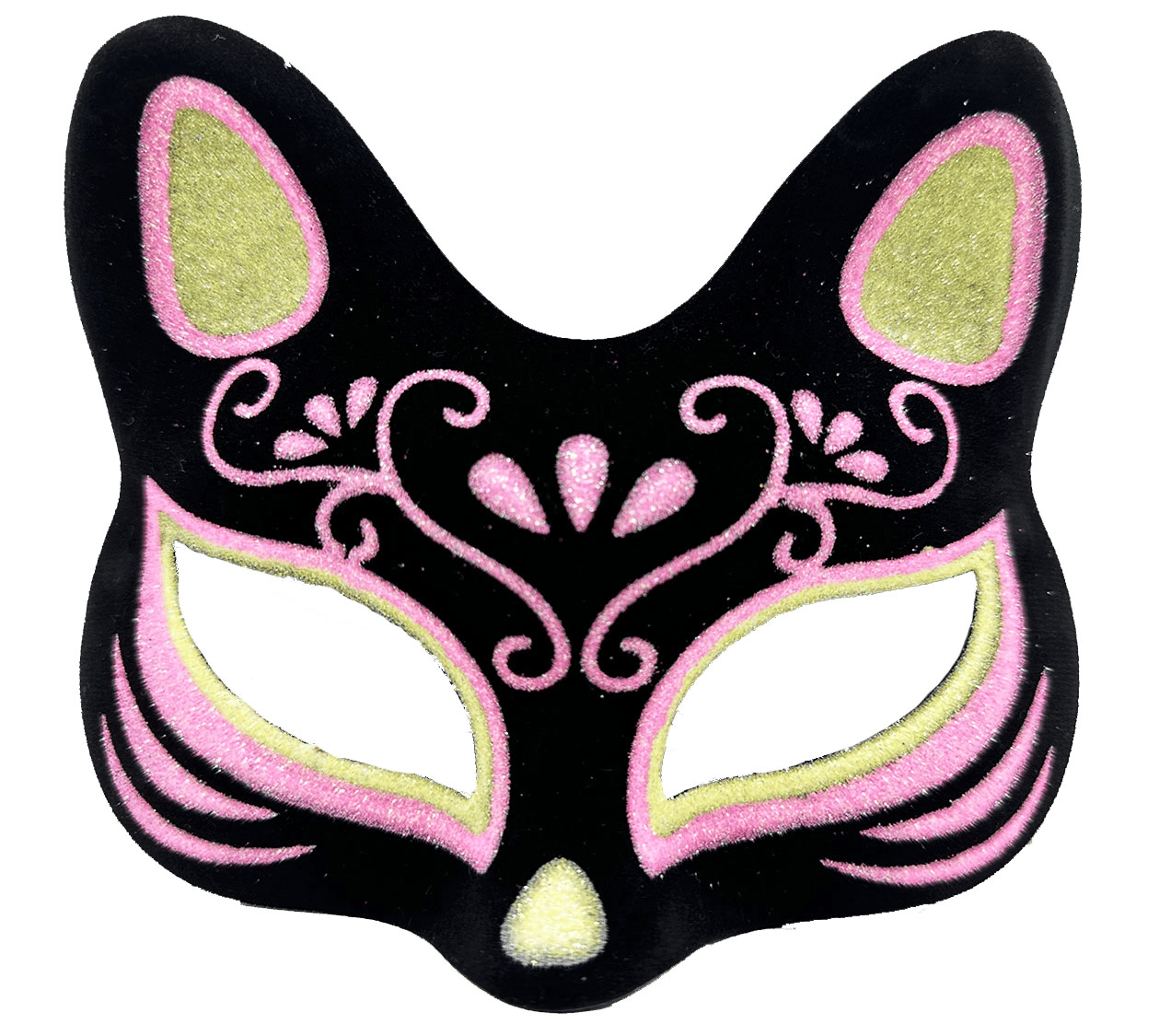 Siyah Renk Süet Kaplama Üzeri Sarı Pembe Simli Kedi Maskesi 17x14 Cm Bx40