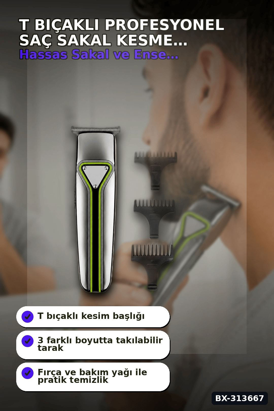 T Bıçaklı Profesyonel Saç Sakal Kesme Makinesi USB Şarjlı 3 Taraklı Erkek Bakım Seti BX-313667