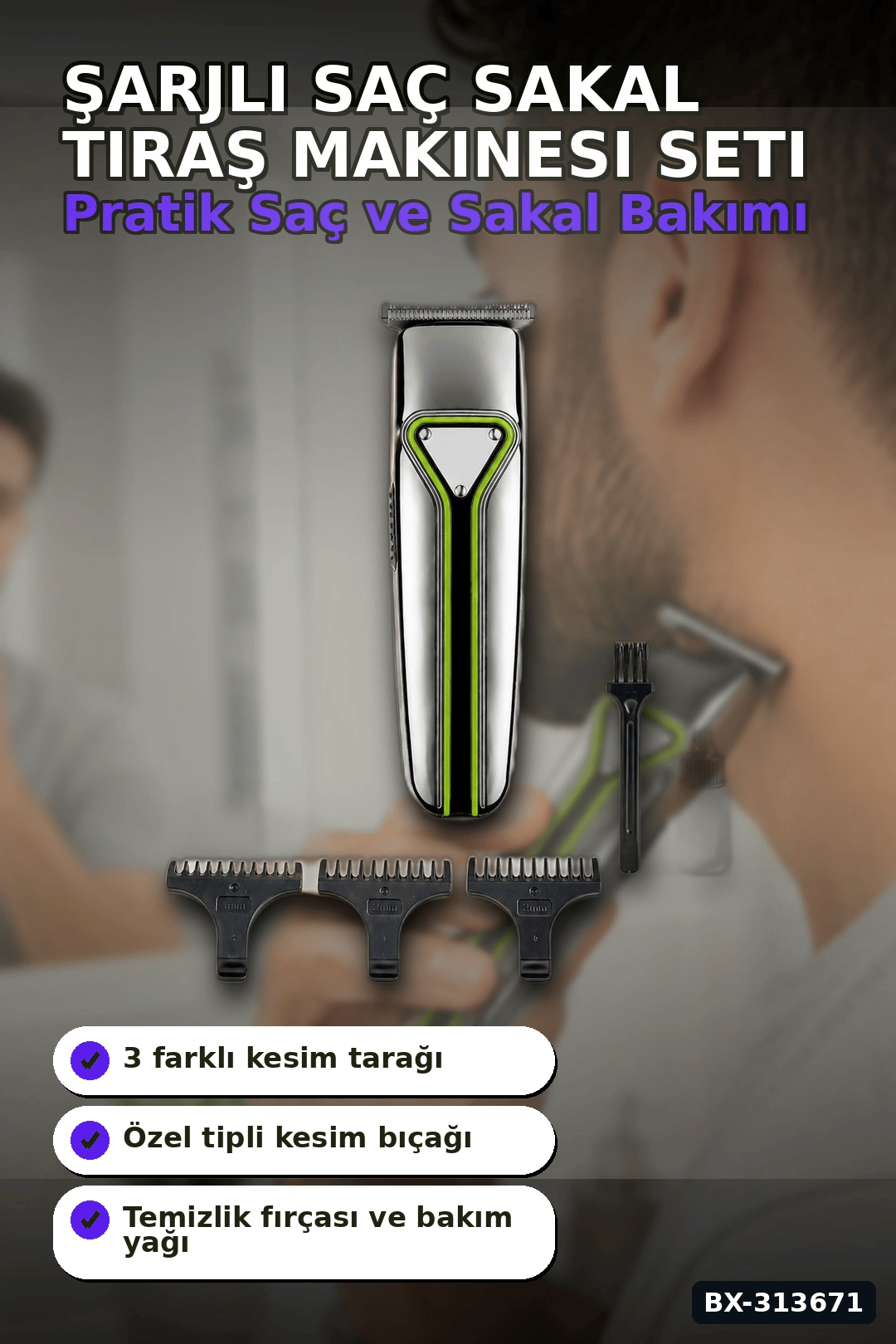 T Bıçaklı Şarjlı Saç Sakal Tıraş Makinesi 3 Taraklı Kablosuz Erkek Bakım Seti BX-313671