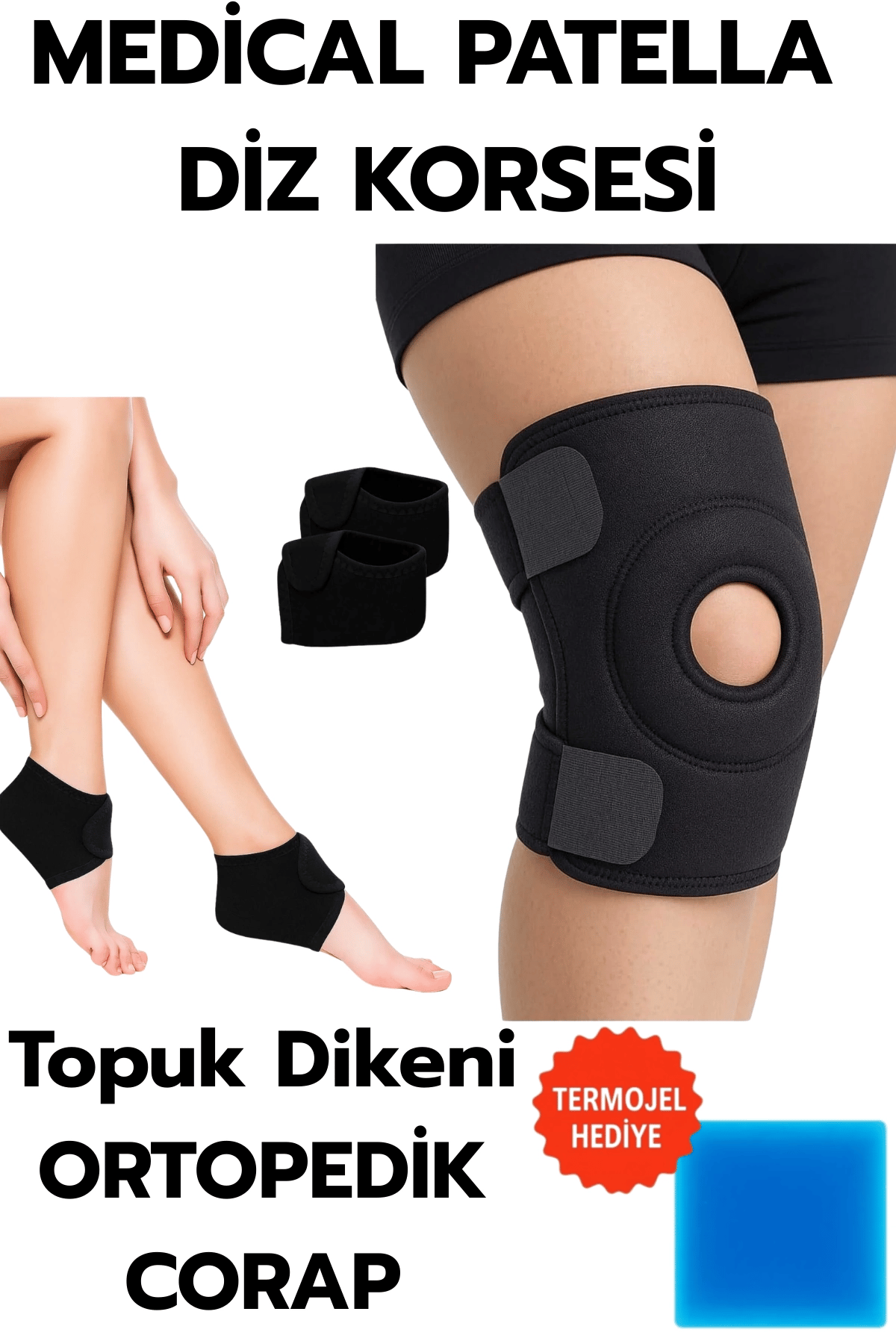 Topuk Çorabı 2'li Sağ Sol+ Medical Patella Destekli Dizlik + Termojel – Ortopedik Destek Seti