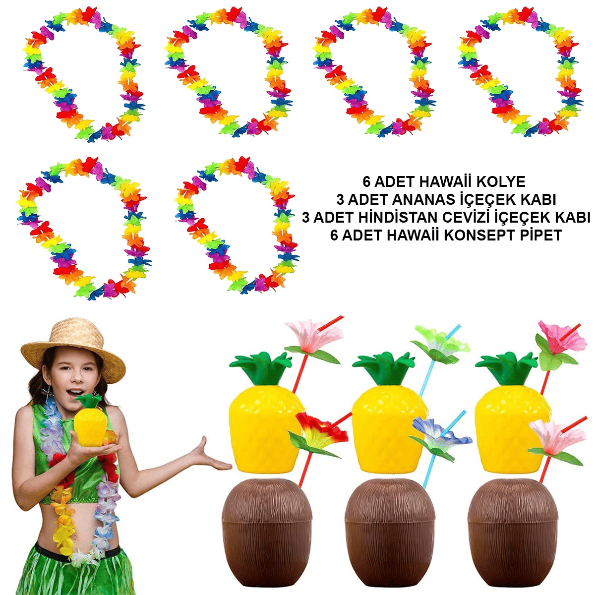 Tropikal Hawaii Parti Malzemeleri – Kolye, Pipet, Bardak Seti Bx40