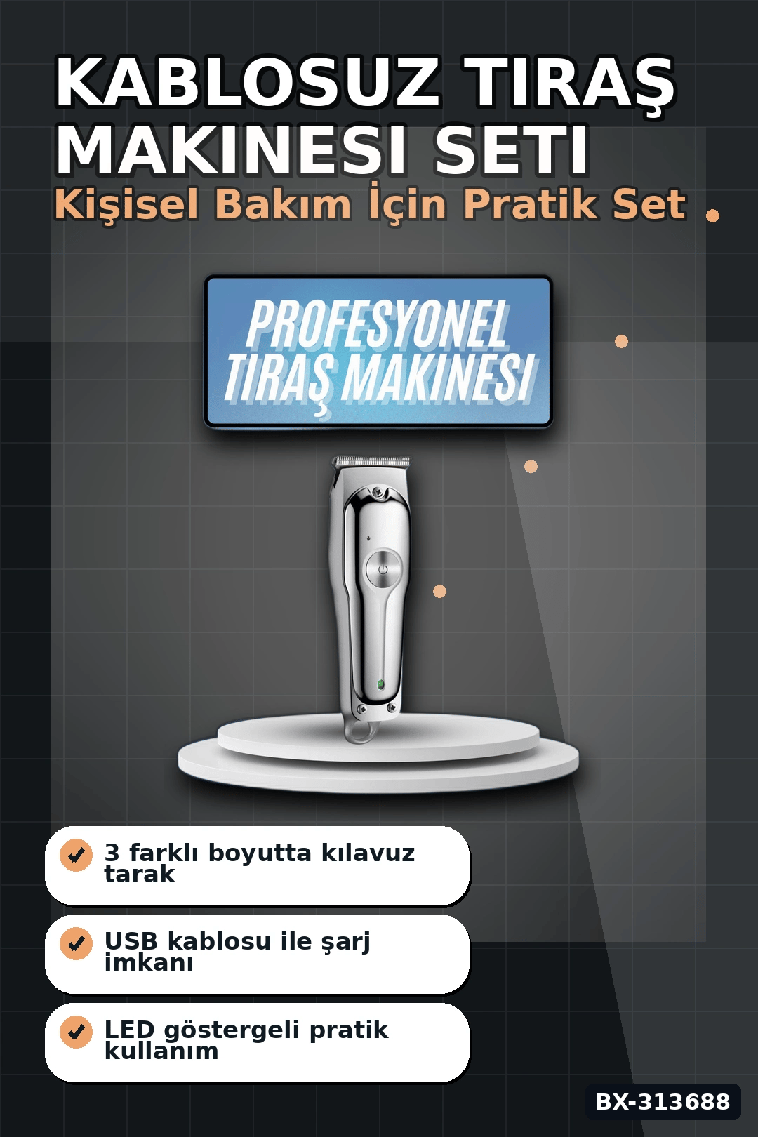 Turbo Hızlı 600 mAh Lityum Pil Saç Sakal Tıraş Makinesi - 3 Taraklı Kablosuz BX-313688