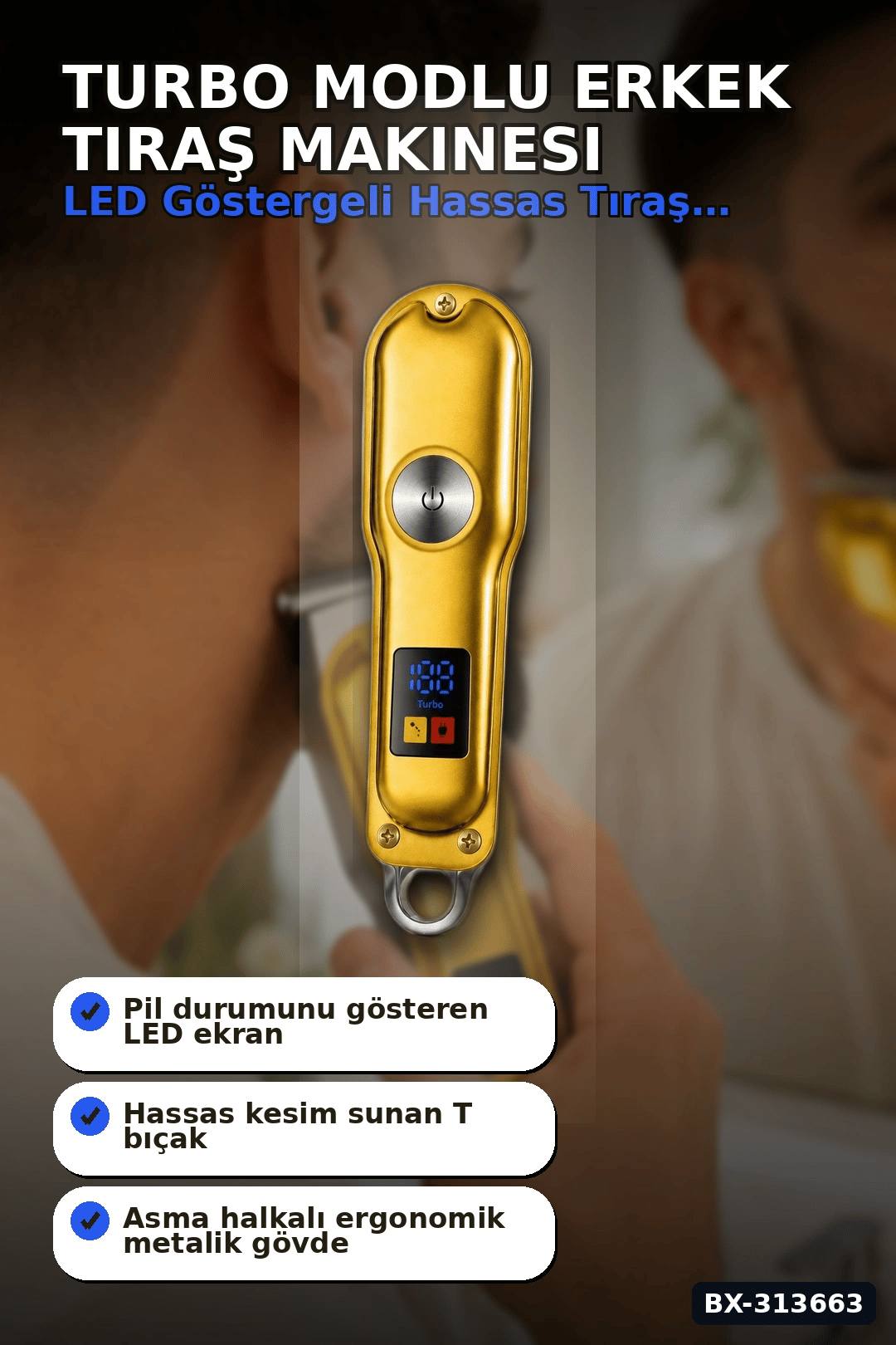 Turbo Modlu Erkek Tıraş Makinesi Led Ekran T Bıçaklı Ense Favori Şekillendirme Usb BX-313663