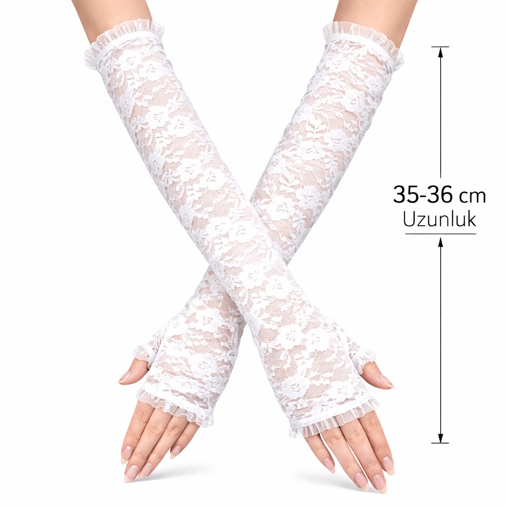 Uzun Zarif Dantel Eldiven Parmaksız Beyaz 35 Cm Bx40