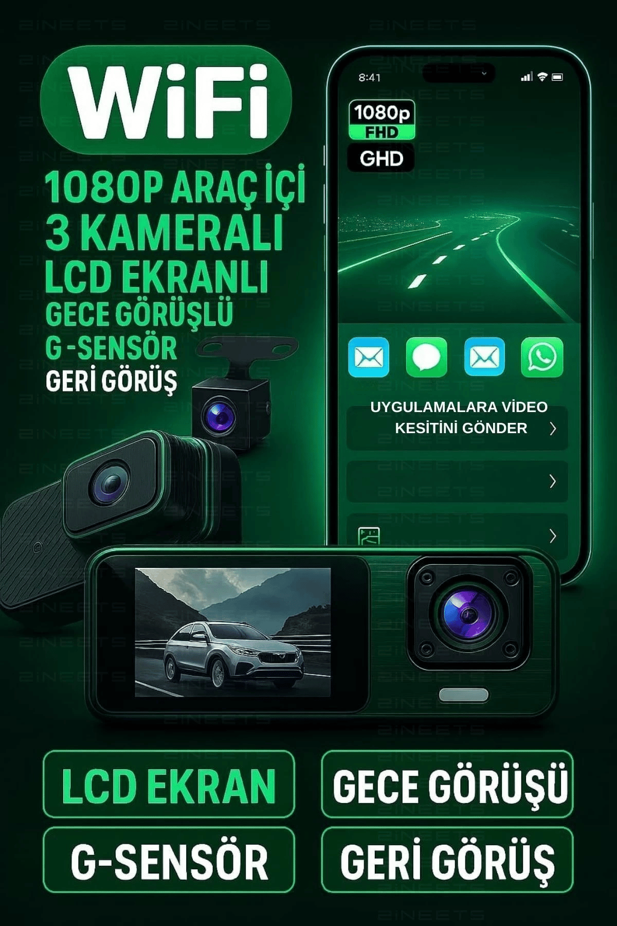 Wifi 1080p Araç içi 3 Kameralı Lcd Ekranlı Gece Görüşlü , G-sensör , Geri Görüş Kamera