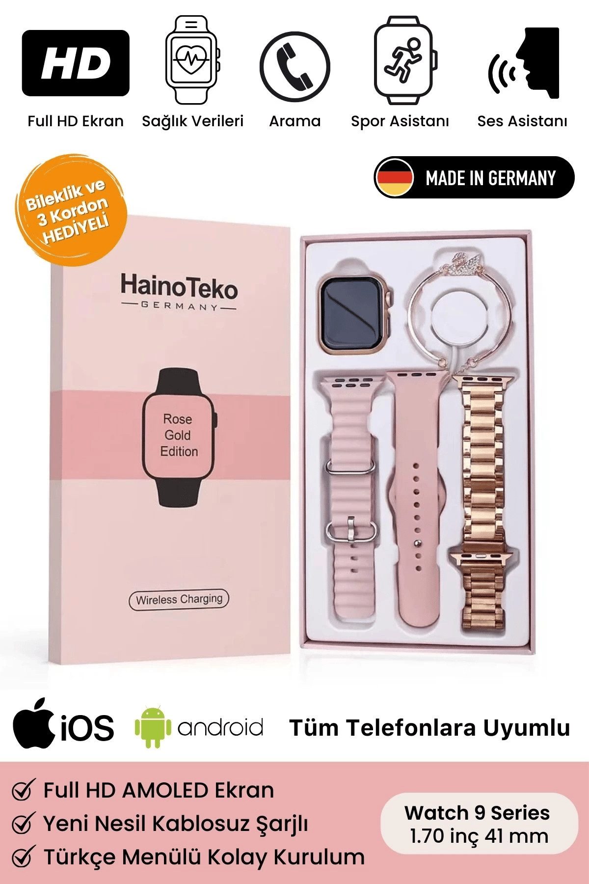 Yeni Nesil 3 Kordonlu Kadın Akıllı Saat Spor Ve Sağlık Sensörlü Watch 9 Series Tasarım Saat Pembe