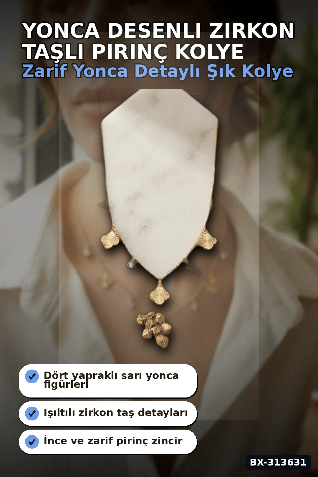 Yonca Desenli Zirkon Taşlı 45 Cm Pirinç Bijuteri Kolye - Günlük Kullanıma Uygun BX-313631