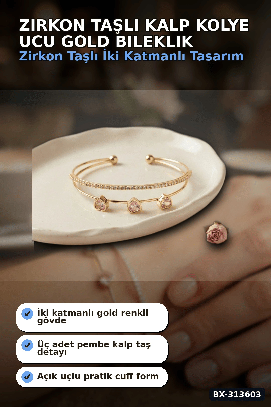 Zirkon Taşlı Kalp Kolye Ucu Gold Bileklik - Pirinç Materyal Kadın Aksesuarı BX-313603
