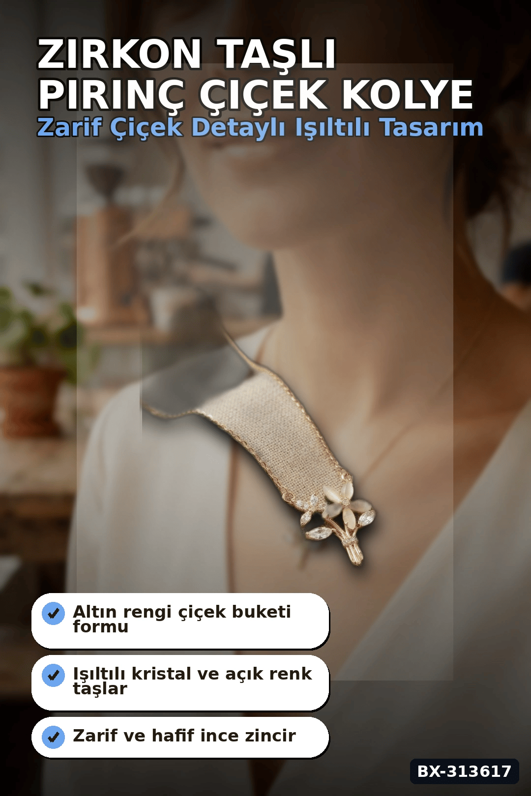 Zirkon Taşlı Pirinç Çiçek Kolye 45 cm Zincirli Görünümlü Kadın Takısı BX-313617